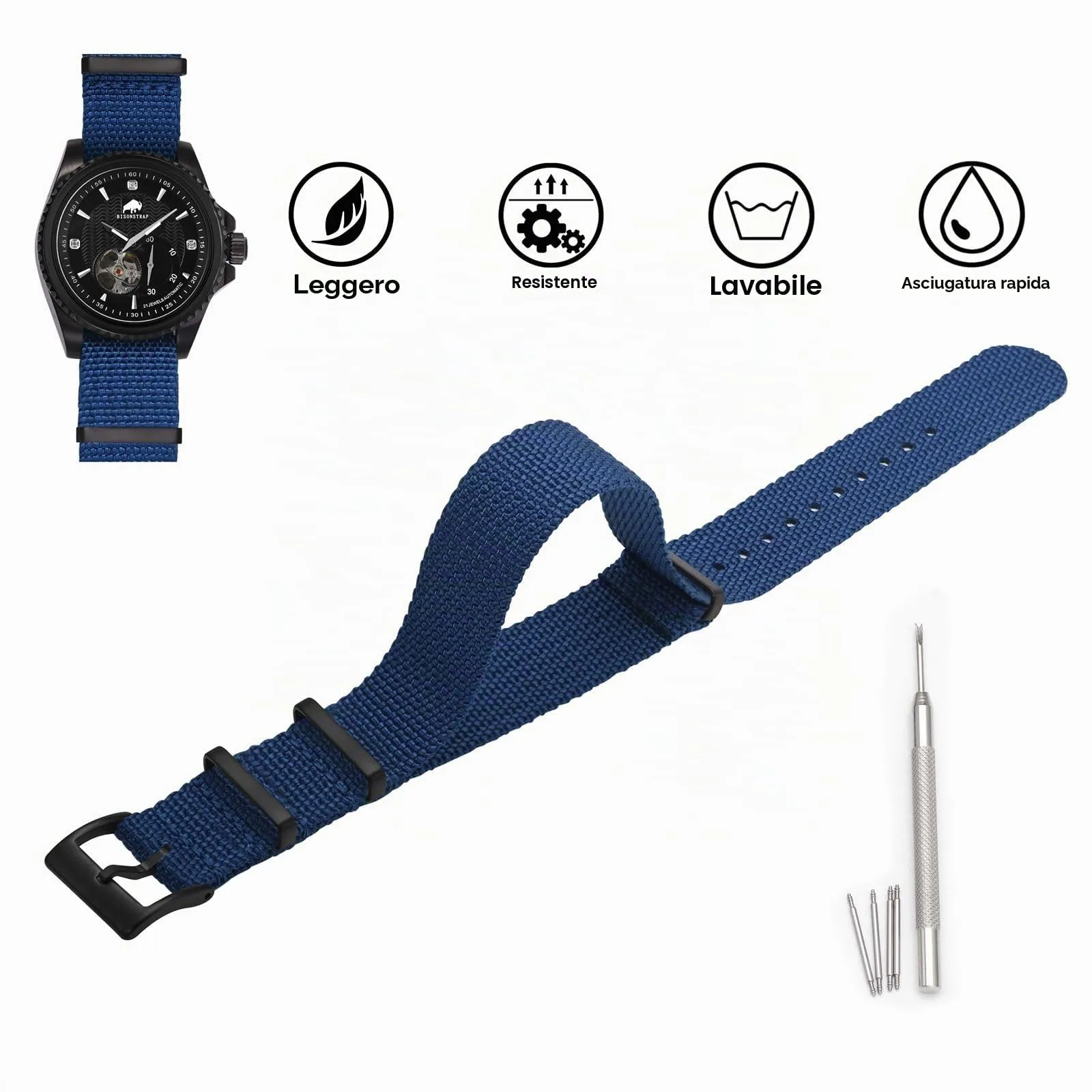 BISONSTRAP Cinturino per Orologi in Nylon da Uomo, Militare, 22mm, Blu (Fibbia Nera) - immagine 3