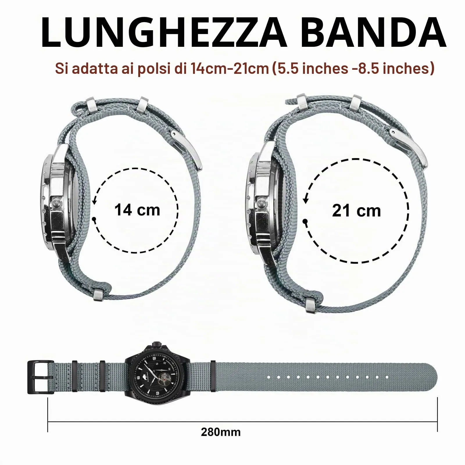 BISONSTRAP Cinturino per Orologi in Nylon da Uomo, 20mm, Grigio (Fibbia Nera) - immagine 5