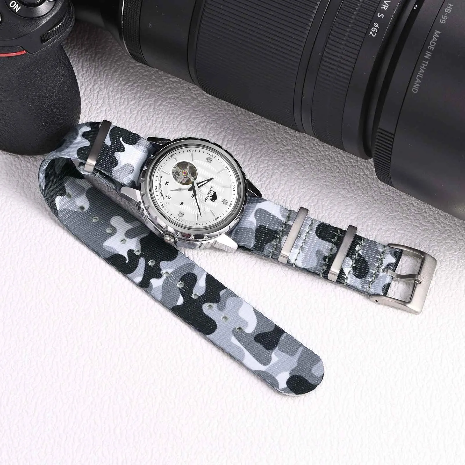BISONSTRAP Cinturino in Nylon per Orologi Uomo, 20mm, Grigio Mimetico - immagine 2