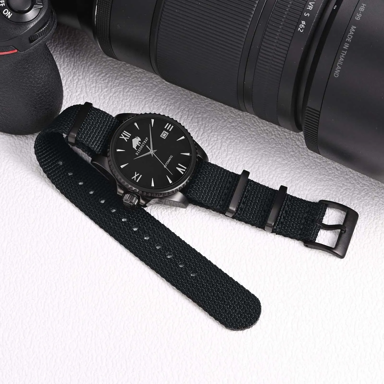 BISONSTRAP Cinturino per Orologi in Nylon da Uomo, 20mm, Nero (Fibbia Nera) - immagine 2