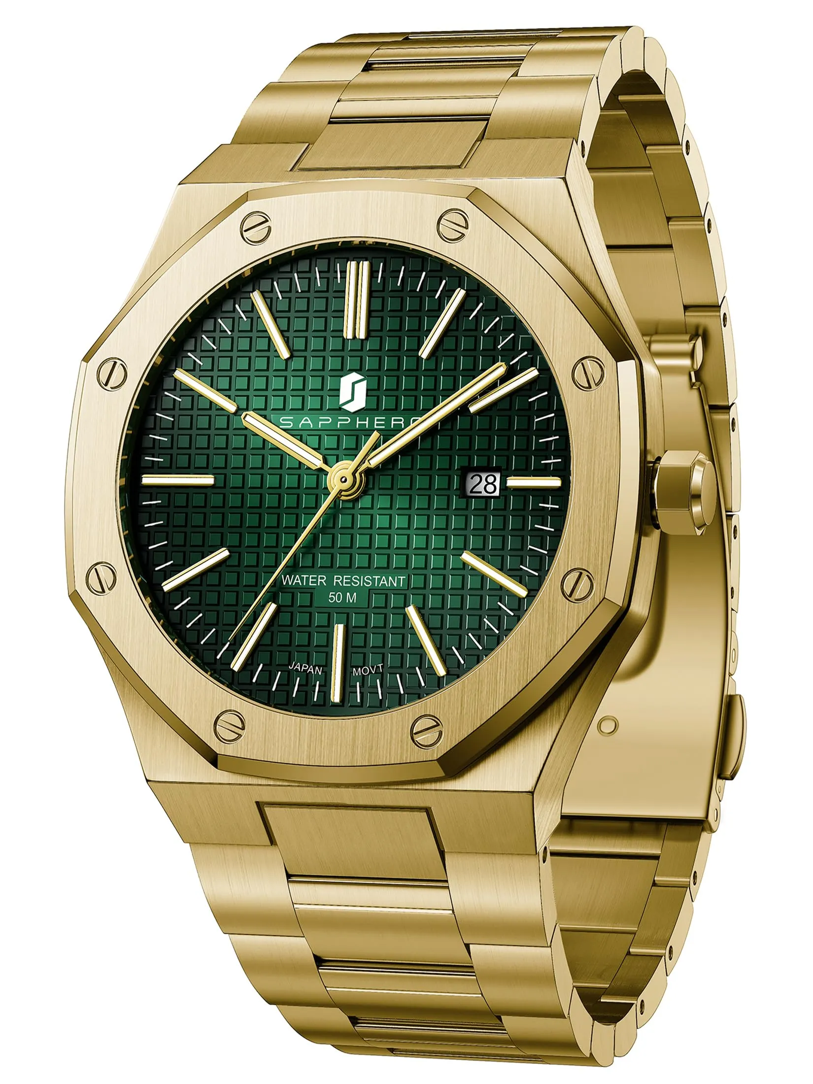 SAPPHERO Orologio da uomo in acciaio inossidabile, Movimento al quarzo giapponese, Impermeabile 3ATM, Oro/Verde - immagine 1