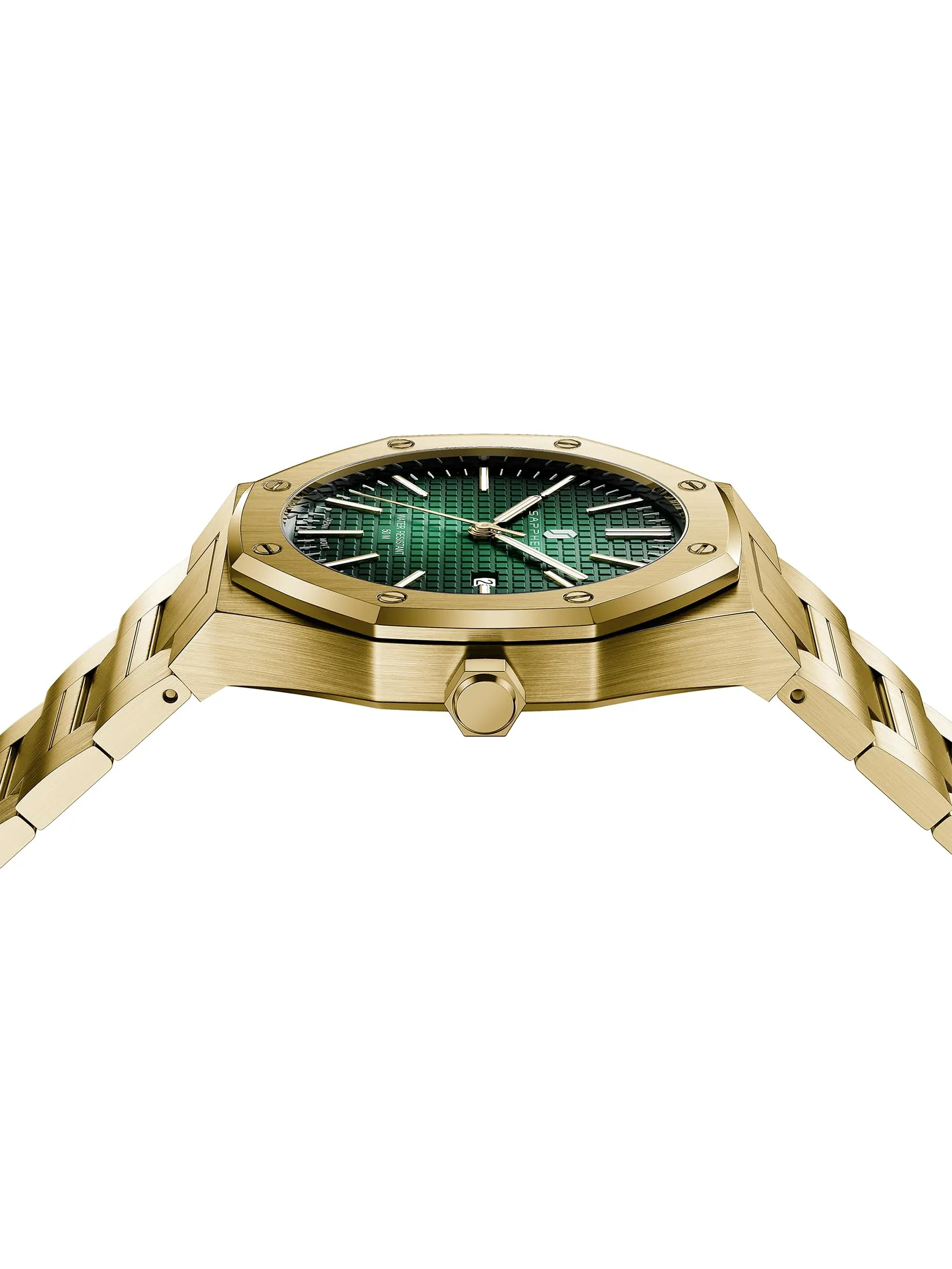 SAPPHERO Orologio da uomo in acciaio inossidabile, Movimento al quarzo giapponese, Impermeabile 3ATM, Oro/Verde - immagine 2