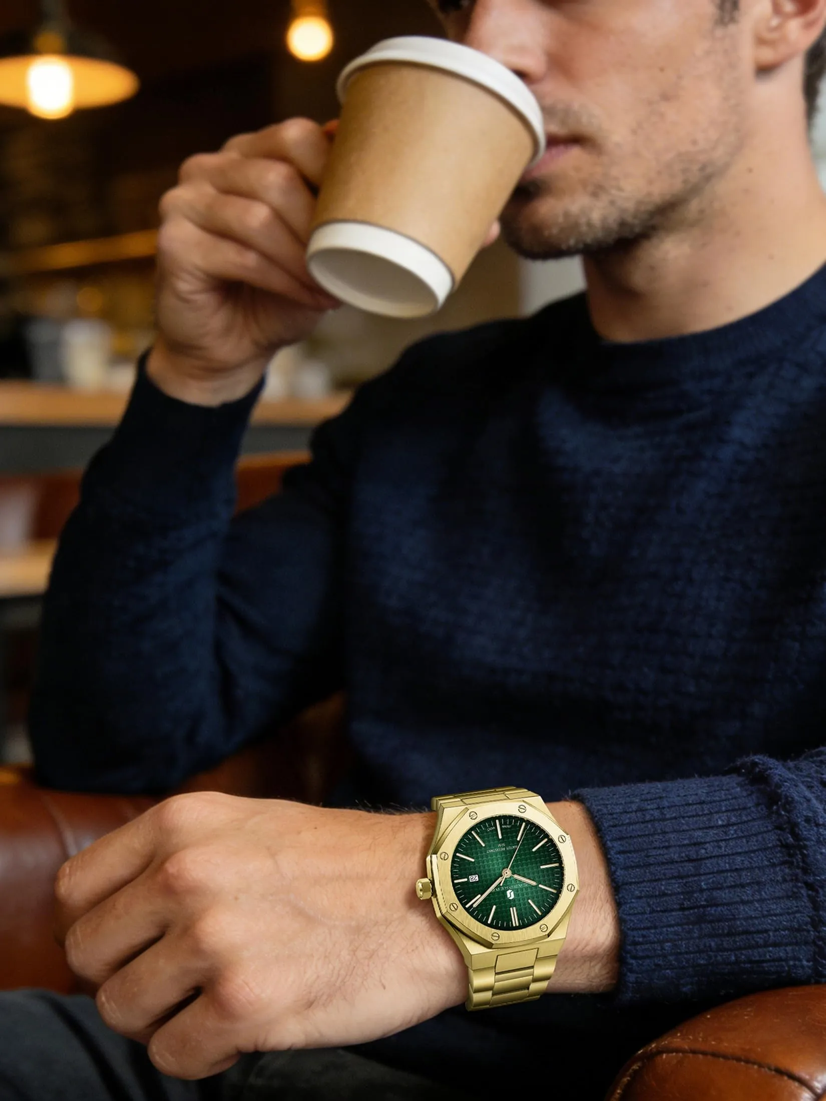 SAPPHERO Orologio da uomo in acciaio inossidabile, Movimento al quarzo giapponese, Impermeabile 3ATM, Oro/Verde - immagine 4