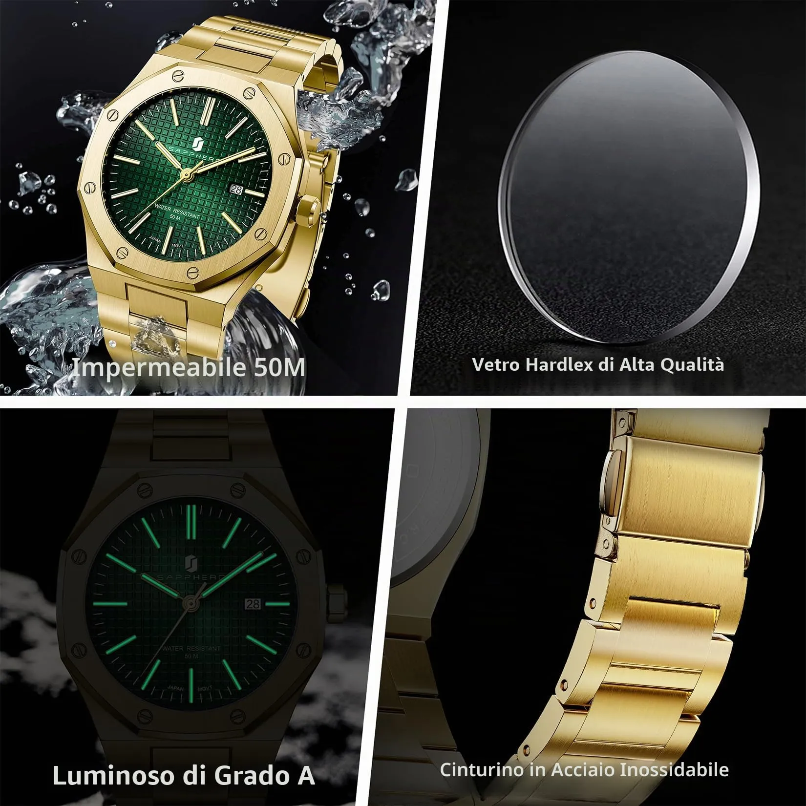 SAPPHERO Orologio da uomo in acciaio inossidabile, Movimento al quarzo giapponese, Impermeabile 3ATM, Oro/Verde - immagine 5