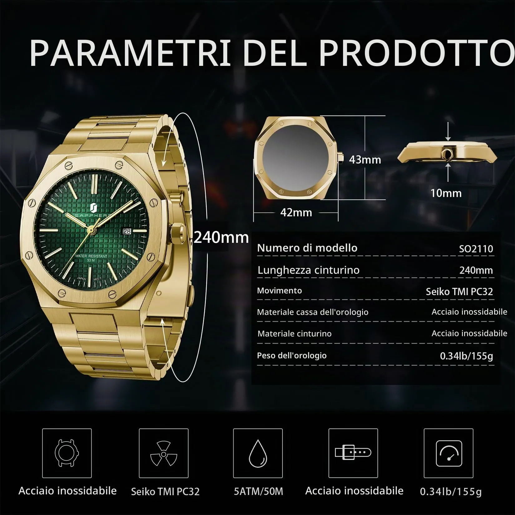 SAPPHERO Orologio da uomo in acciaio inossidabile, Movimento al quarzo giapponese, Impermeabile 3ATM, Oro/Verde - immagine 6