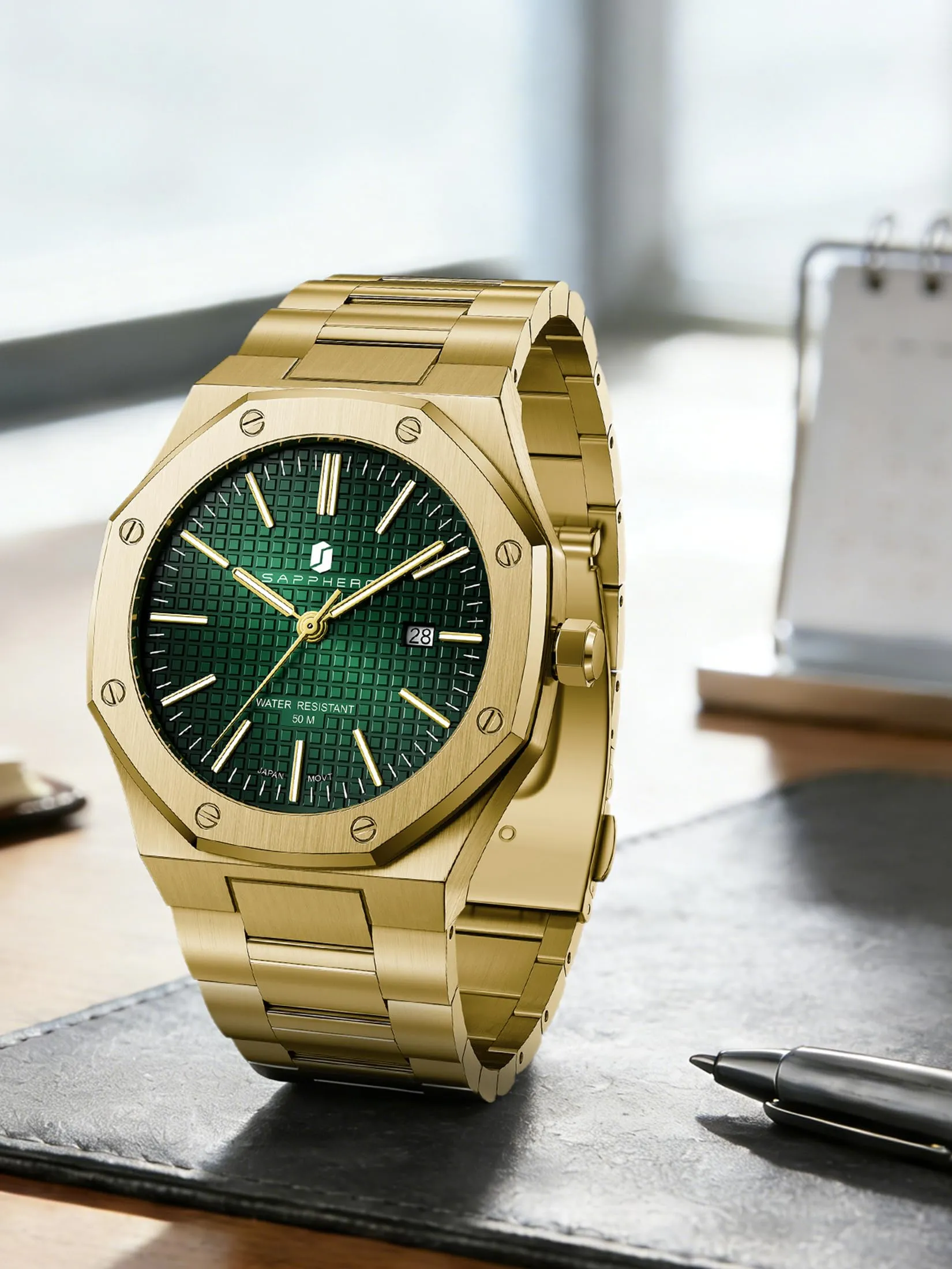 SAPPHERO Orologio da uomo in acciaio inossidabile, Movimento al quarzo giapponese, Impermeabile 3ATM, Oro/Verde - immagine 7