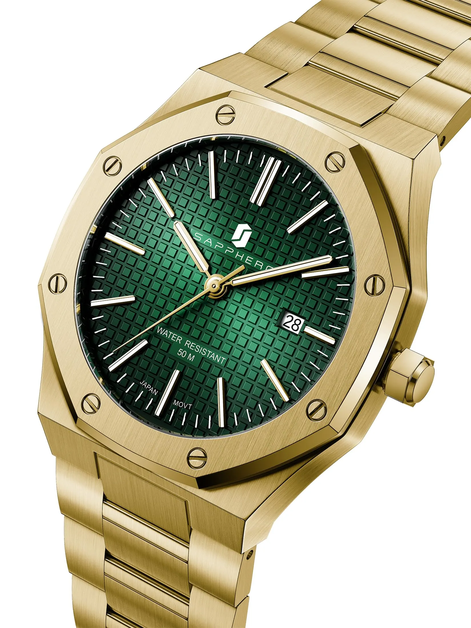 SAPPHERO Orologio da uomo in acciaio inossidabile, Movimento al quarzo giapponese, Impermeabile 3ATM, Oro/Verde - immagine 8