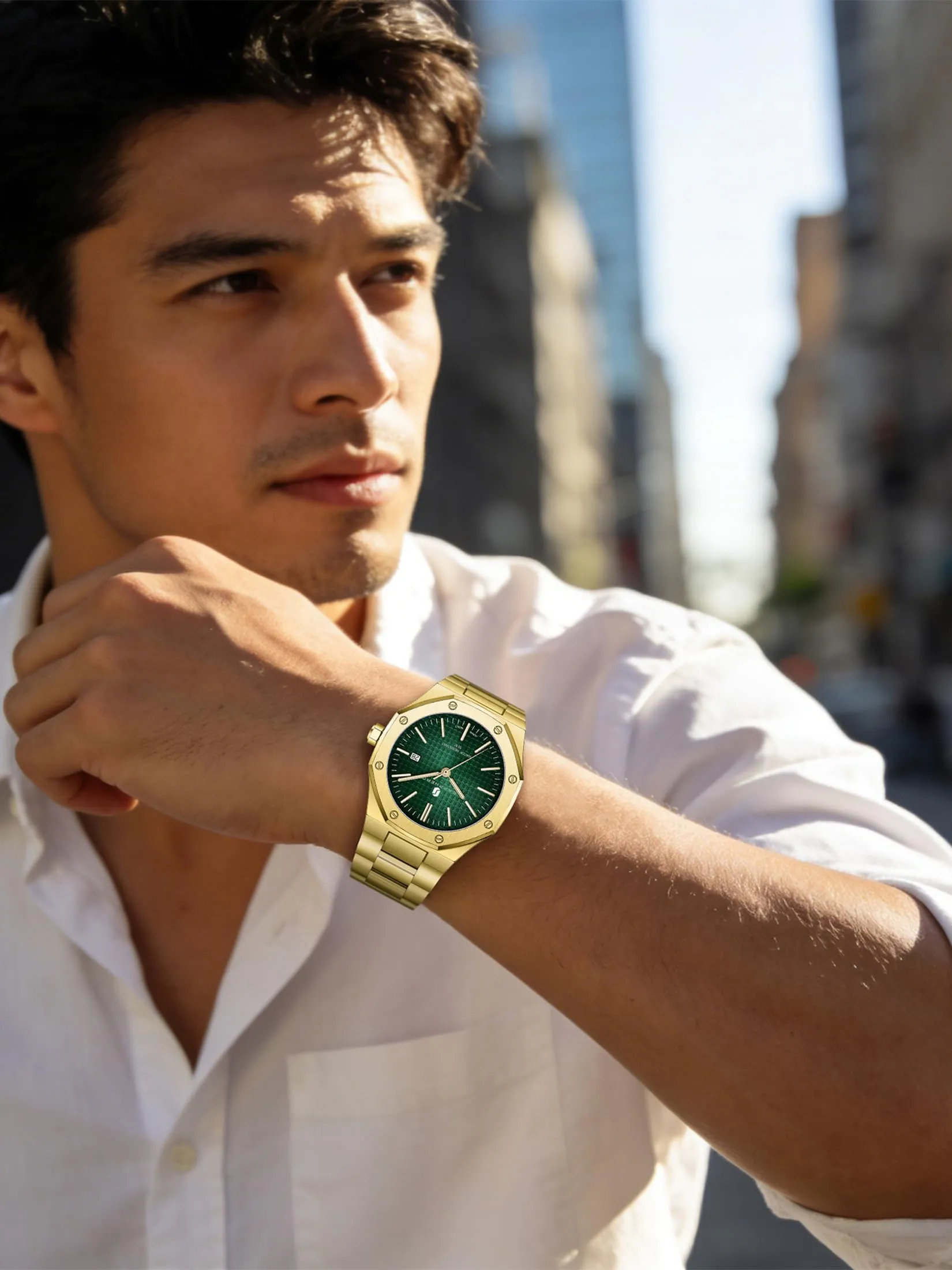 SAPPHERO Orologio da uomo in acciaio inossidabile, Movimento al quarzo giapponese, Impermeabile 3ATM, Oro/Verde - immagine 9
