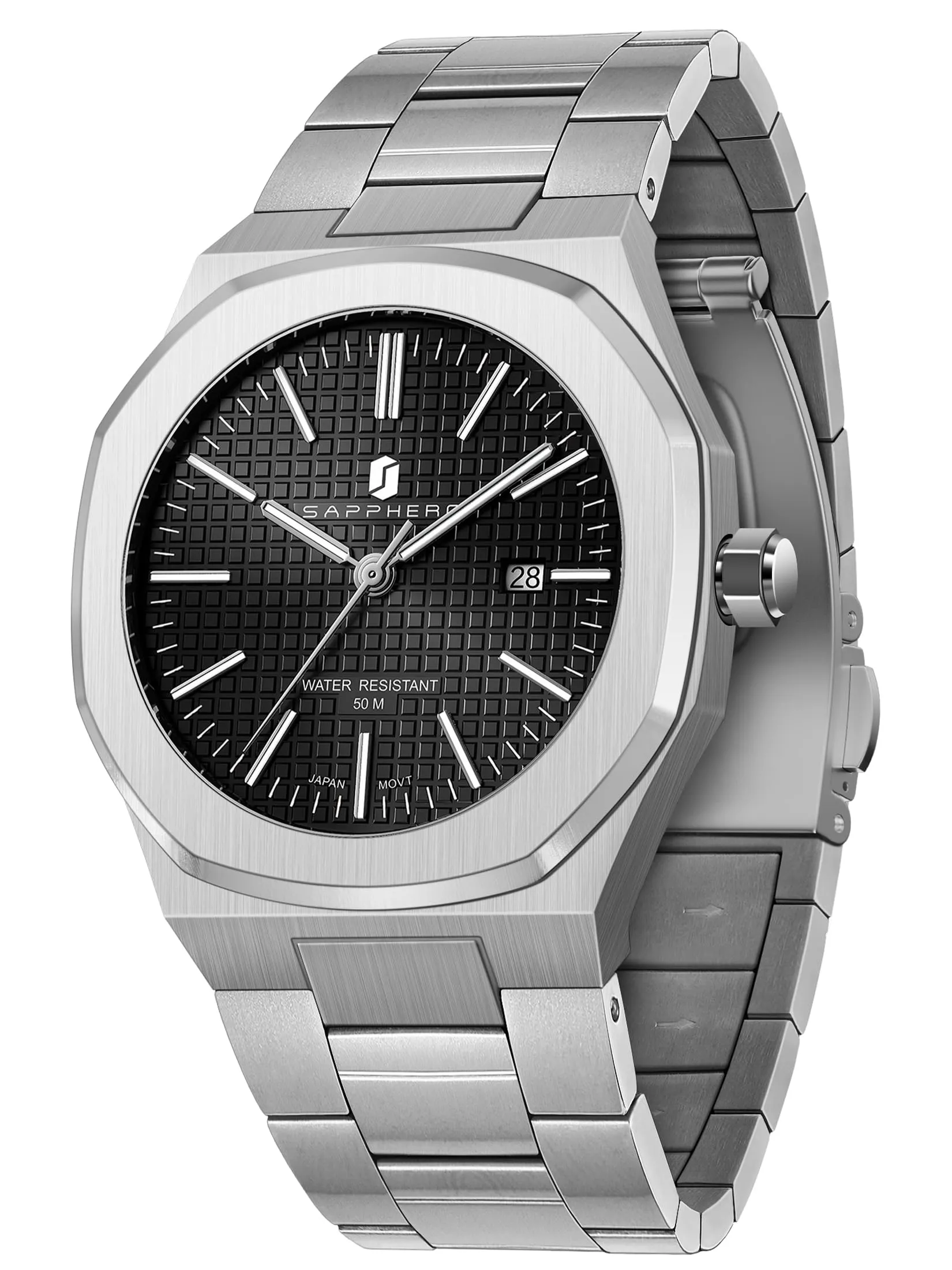 SAPPHERO Orologio da uomo in acciaio inossidabile, Movimento al quarzo giapponese, Impermeabile 30m, Argento/Nero/Nero - immagine 1