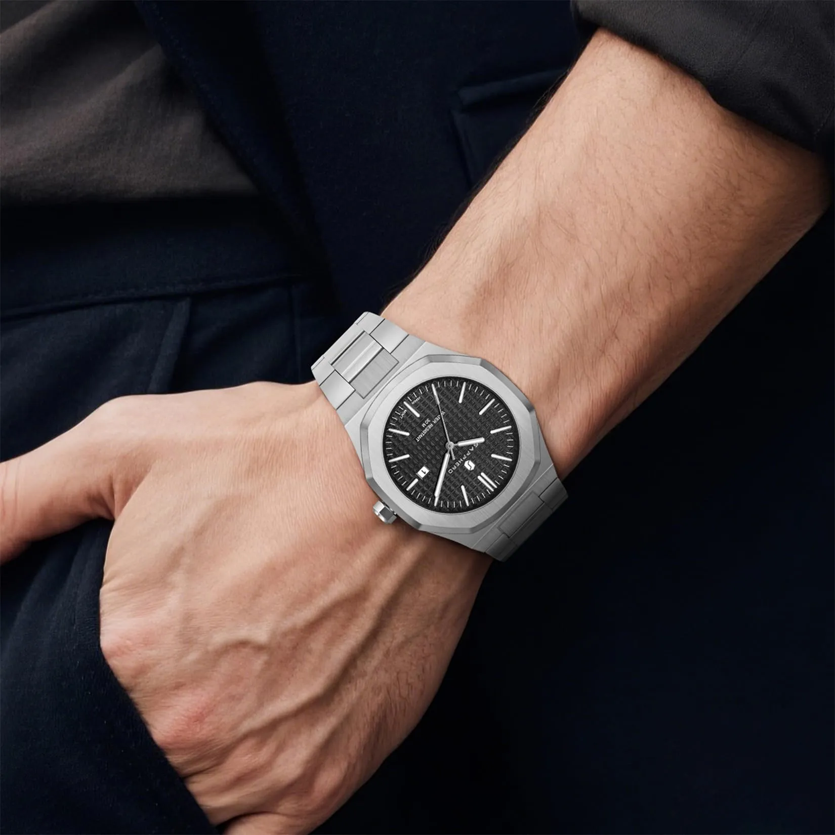 SAPPHERO Orologio da uomo in acciaio inossidabile, Movimento al quarzo giapponese, Impermeabile 30m, Argento/Nero/Nero - immagine 3