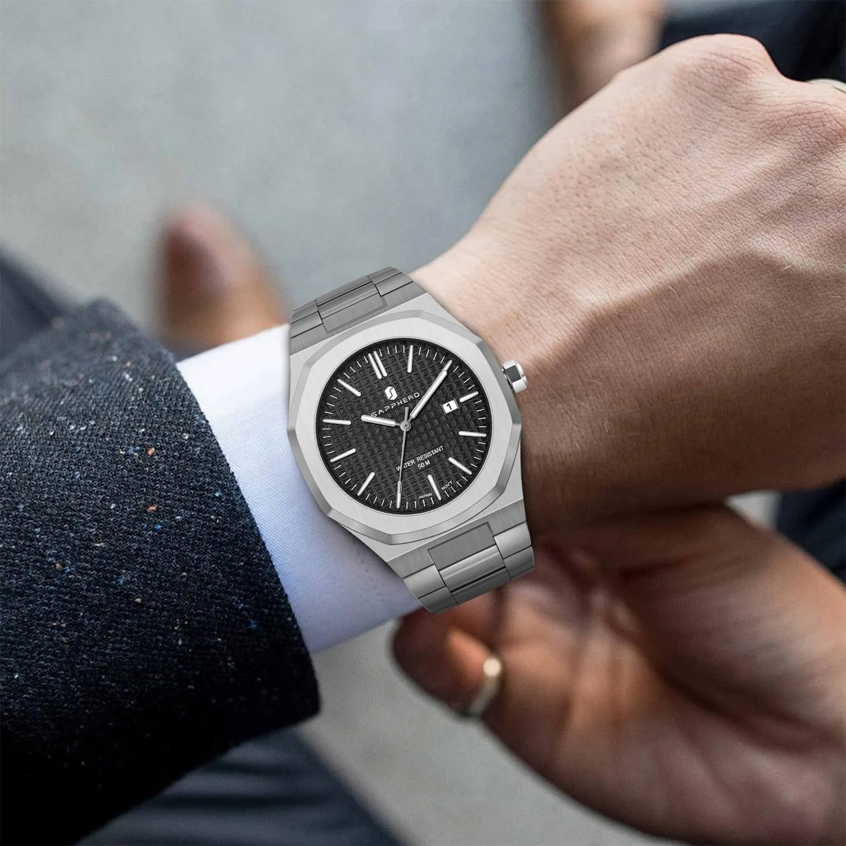 SAPPHERO Orologio da uomo in acciaio inossidabile, Movimento al quarzo giapponese, Impermeabile 30m, Argento/Nero/Nero - immagine 4