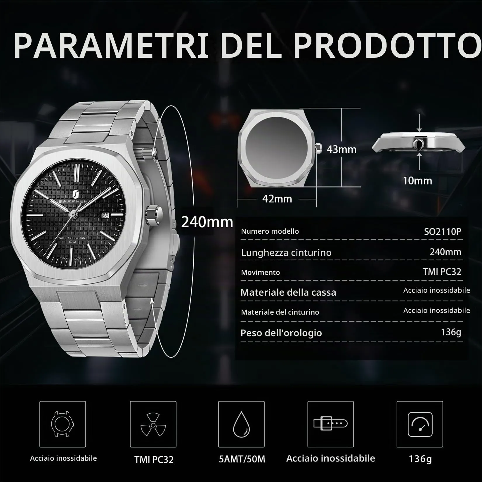 SAPPHERO Orologio da uomo in acciaio inossidabile, Movimento al quarzo giapponese, Impermeabile 30m, Argento/Nero/Nero - immagine 5