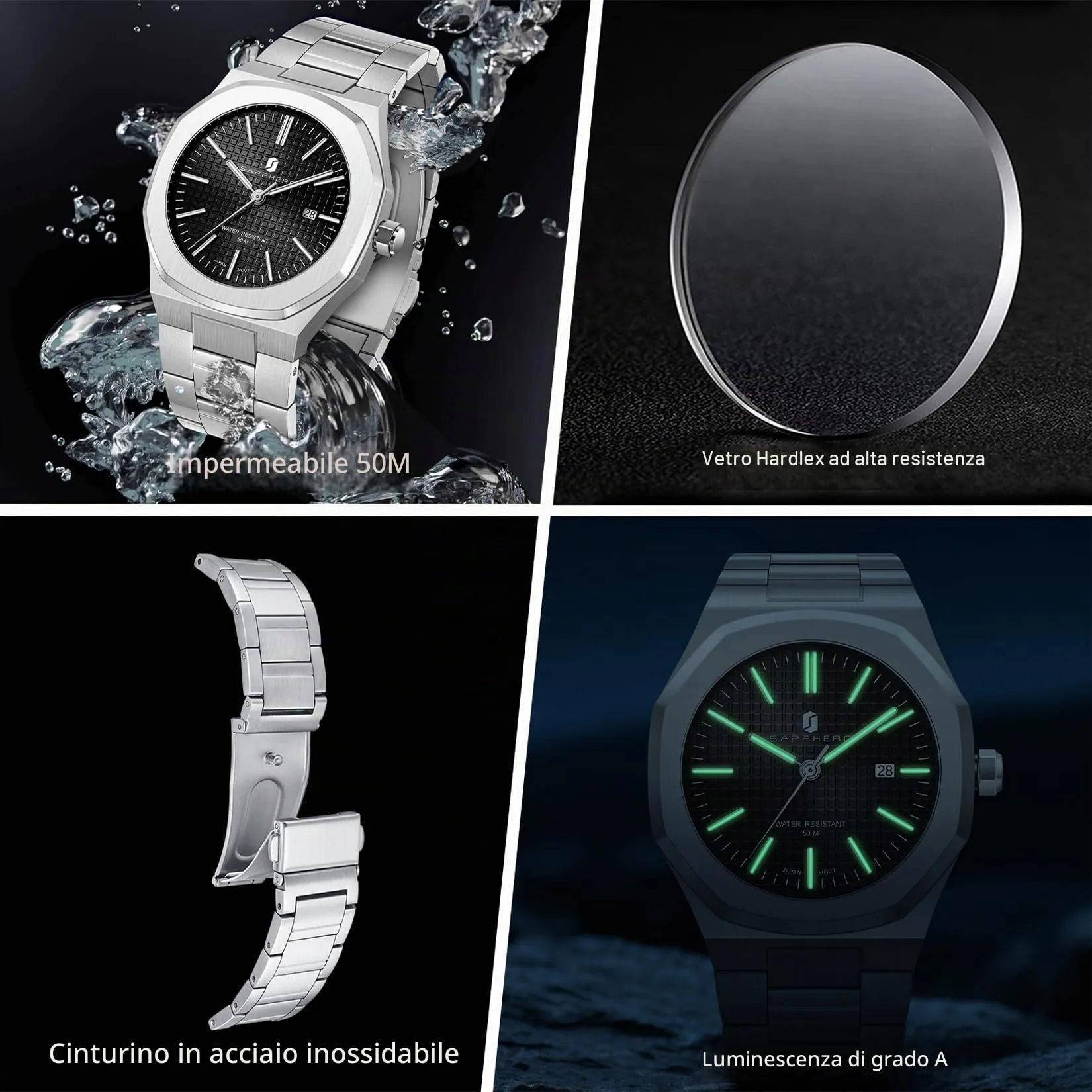 SAPPHERO Orologio da uomo in acciaio inossidabile, Movimento al quarzo giapponese, Impermeabile 30m, Argento/Nero/Nero - immagine 6