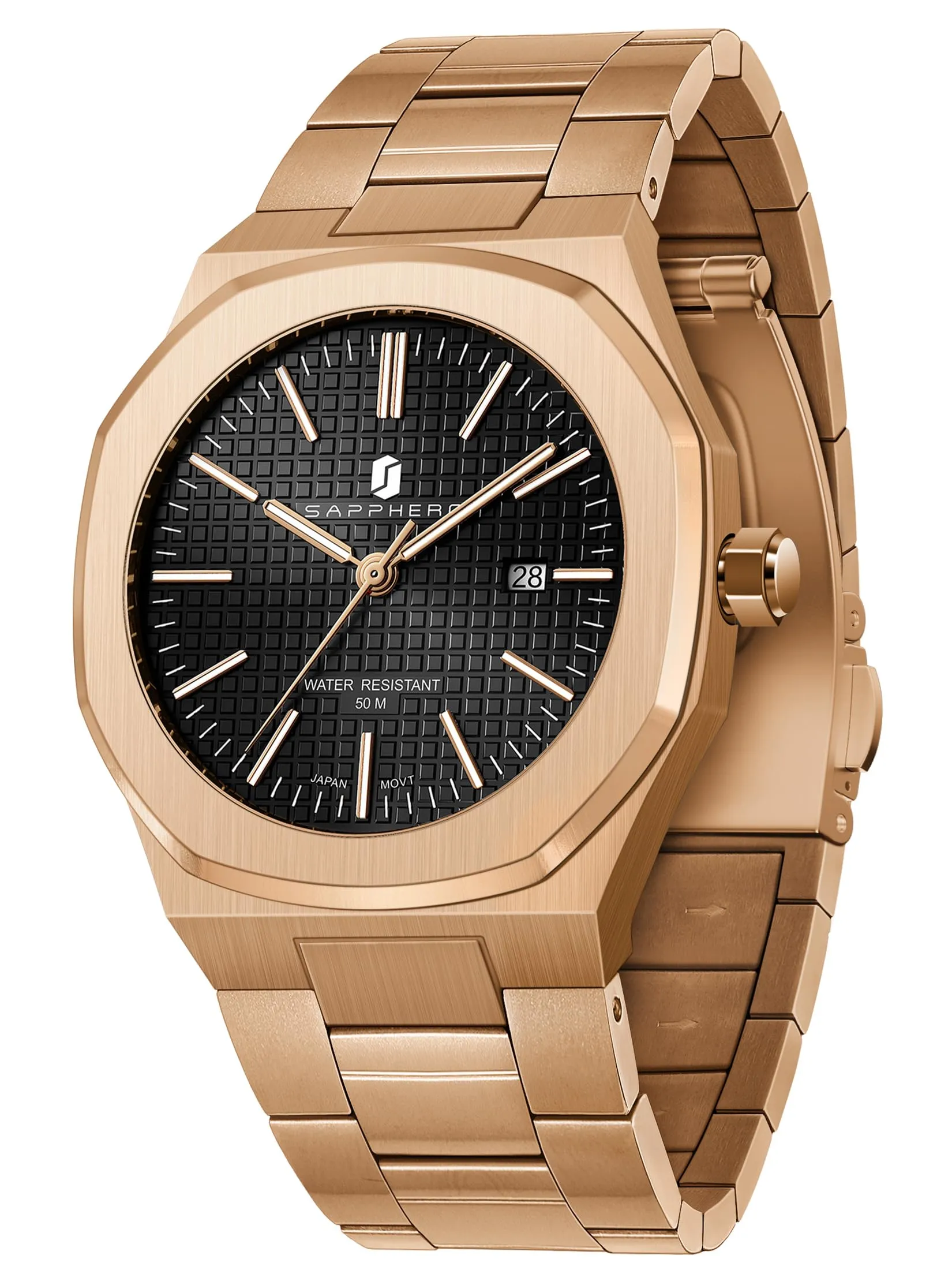 SAPPHERO Orologio da uomo in acciaio inossidabile, Movimento al quarzo giapponese, Impermeabile, Rosa/Oro/Nero, SO-2110P - immagine 1
