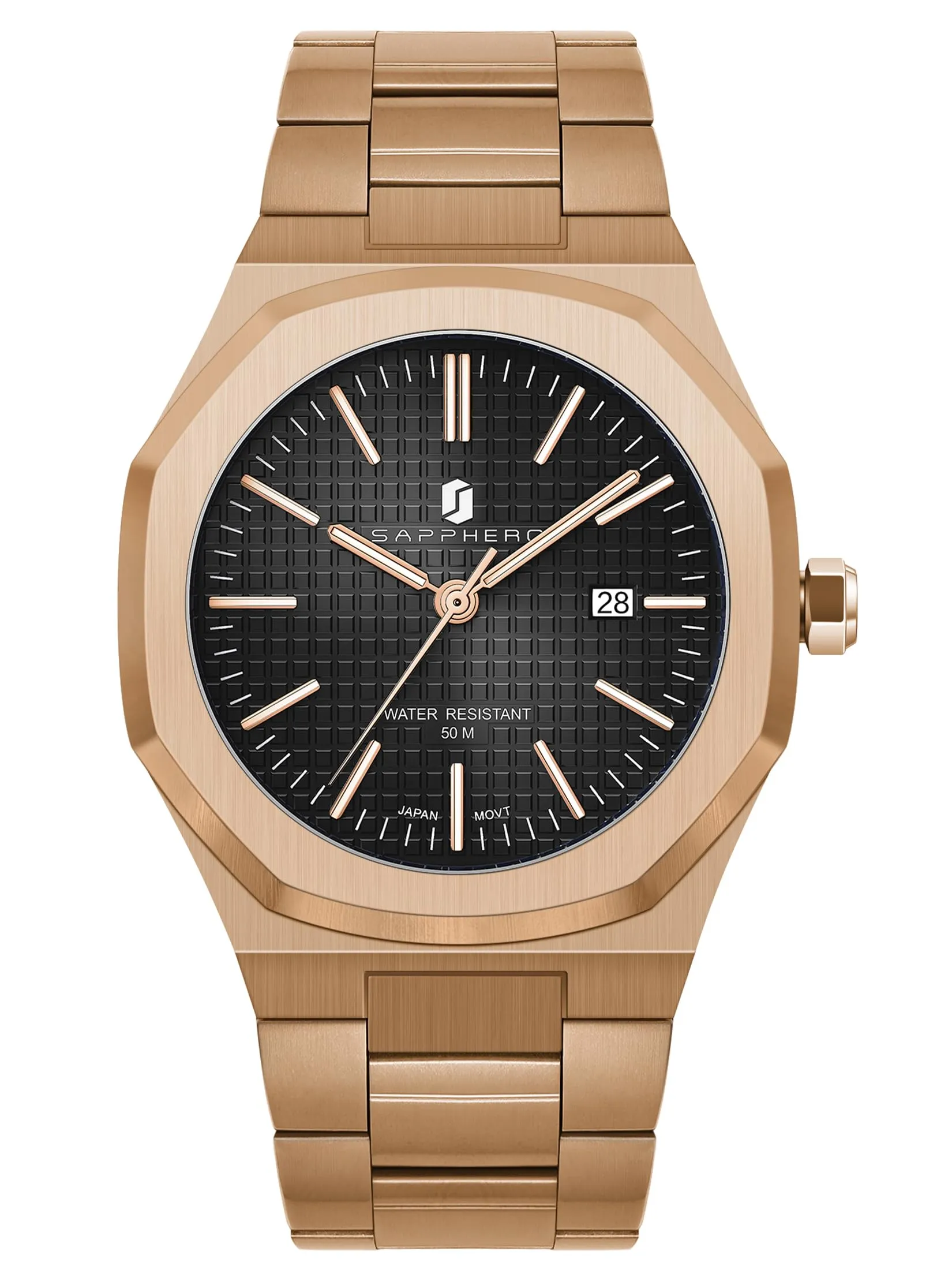 SAPPHERO Orologio da uomo in acciaio inossidabile, Movimento al quarzo giapponese, Impermeabile, Rosa/Oro/Nero, SO-2110P - immagine 2