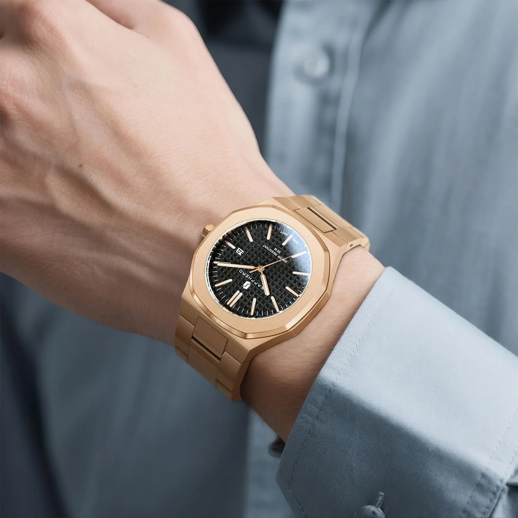 SAPPHERO Orologio da uomo in acciaio inossidabile, Movimento al quarzo giapponese, Impermeabile, Rosa/Oro/Nero, SO-2110P - immagine 3