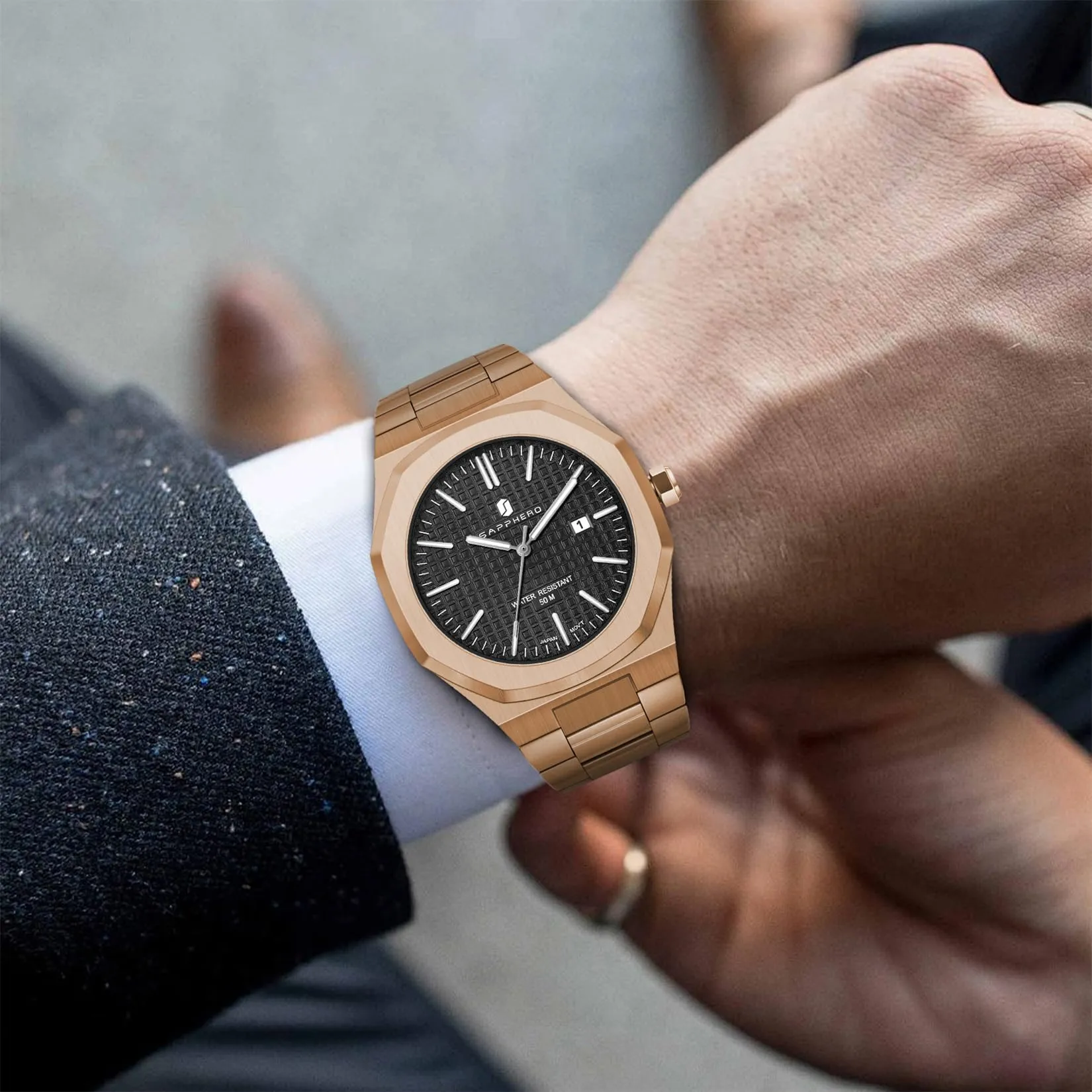 SAPPHERO Orologio da uomo in acciaio inossidabile, Movimento al quarzo giapponese, Impermeabile, Rosa/Oro/Nero, SO-2110P - immagine 4