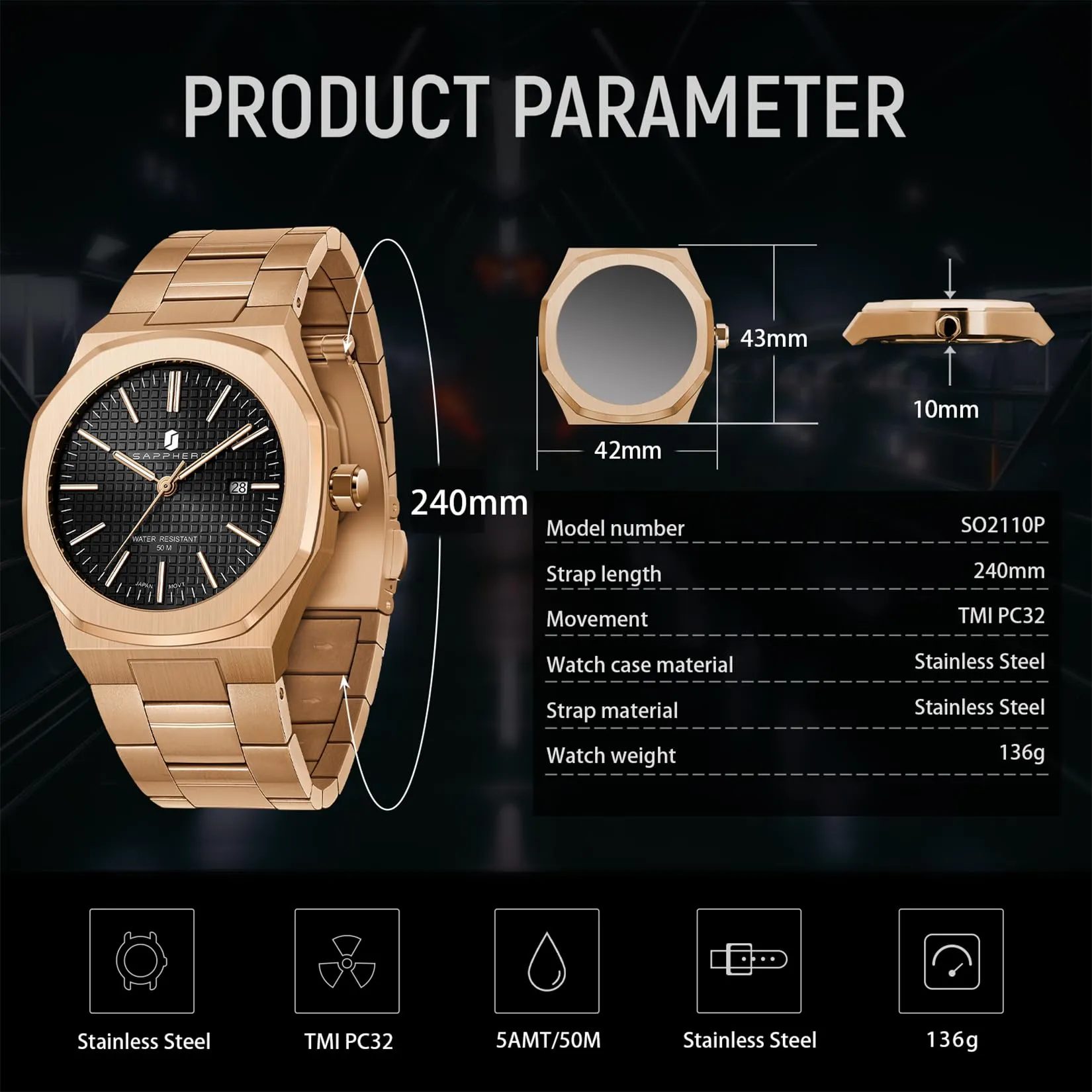 SAPPHERO Orologio da uomo in acciaio inossidabile, Movimento al quarzo giapponese, Impermeabile, Rosa/Oro/Nero, SO-2110P - immagine 5