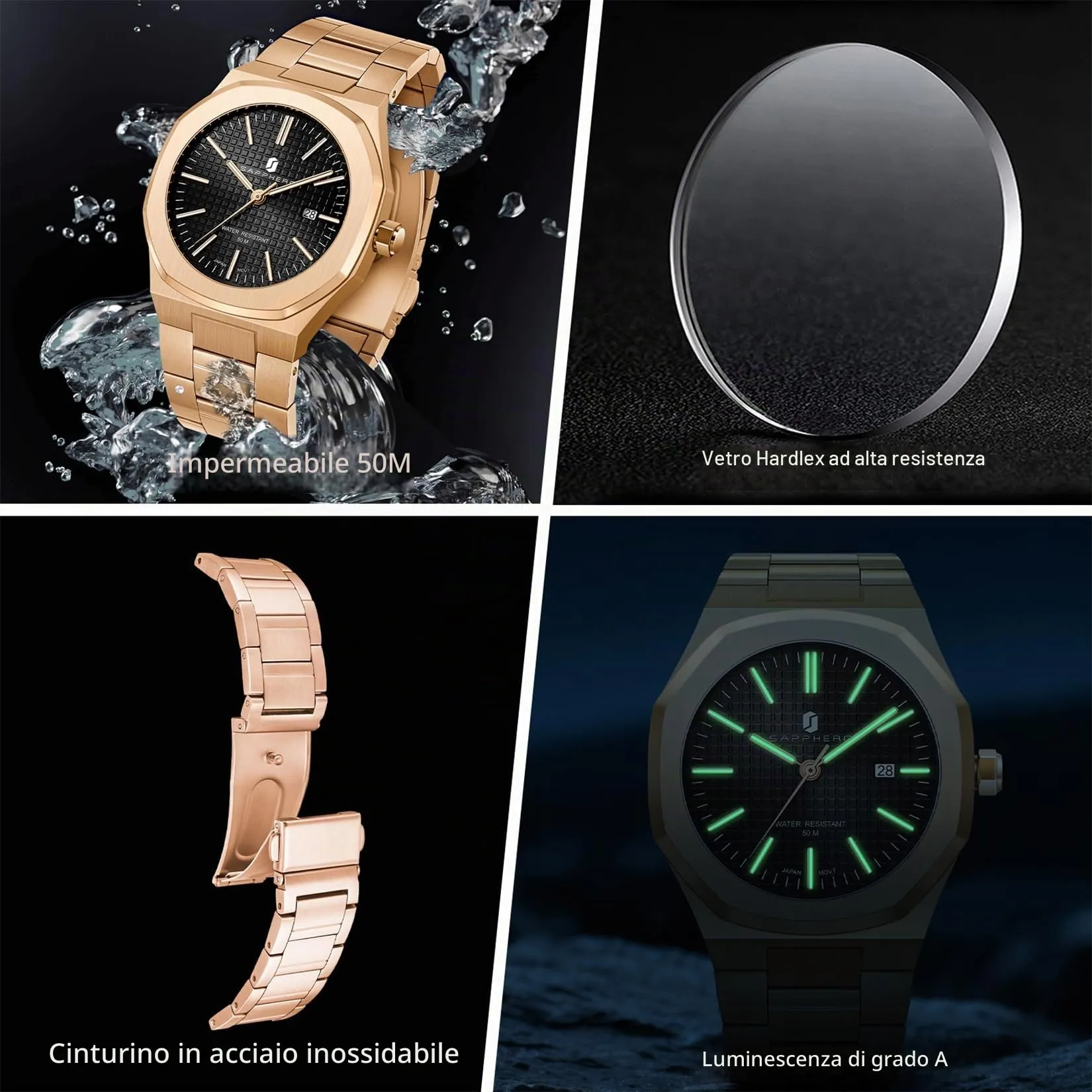 SAPPHERO Orologio da uomo in acciaio inossidabile, Movimento al quarzo giapponese, Impermeabile, Rosa/Oro/Nero, SO-2110P - immagine 6