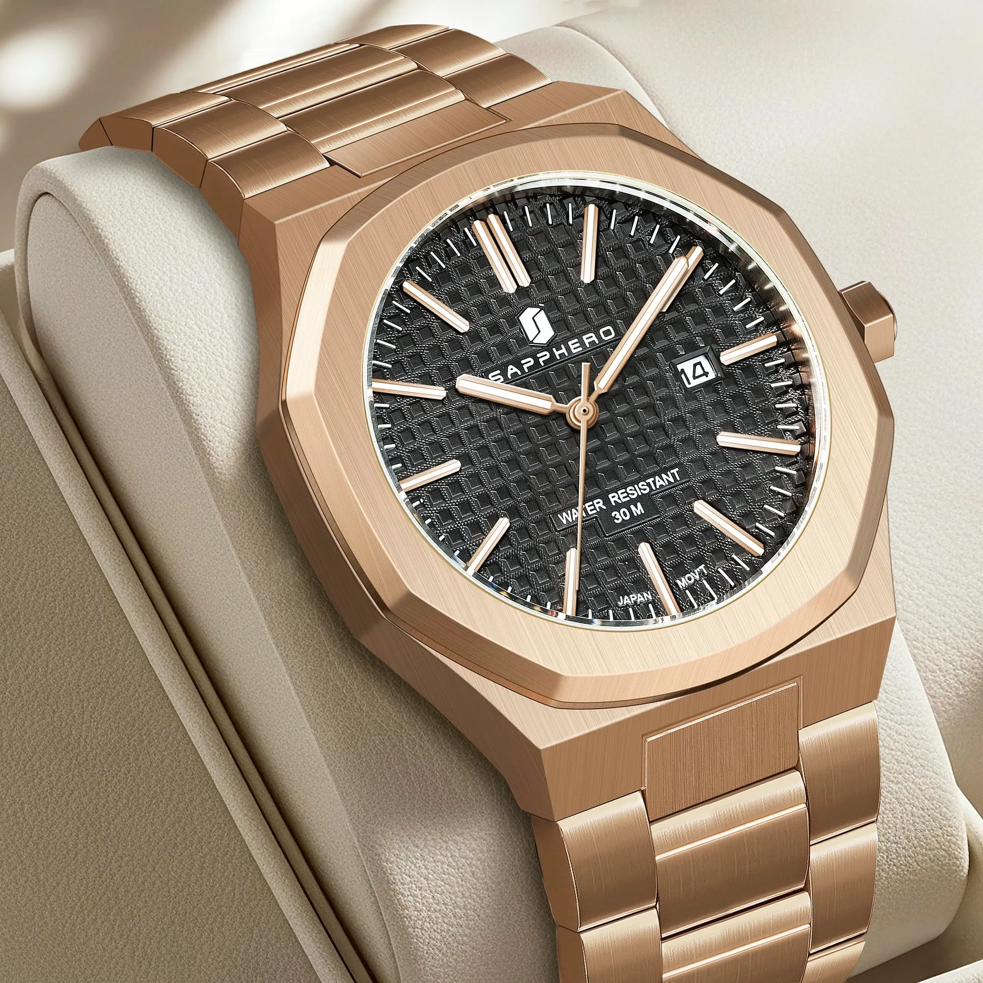 SAPPHERO Orologio da uomo in acciaio inossidabile, Movimento al quarzo giapponese, Impermeabile, Rosa/Oro/Nero, SO-2110P - immagine 7