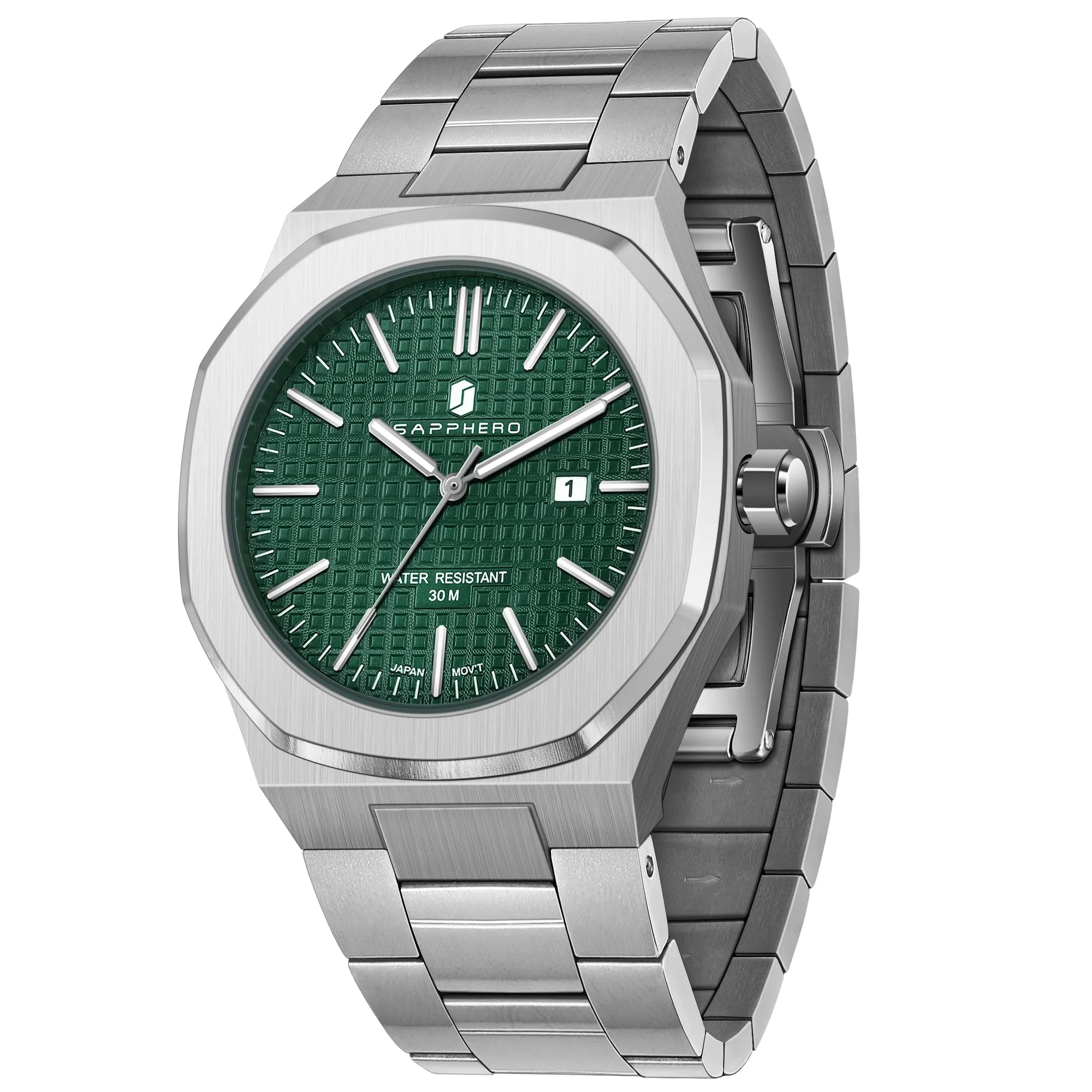 SAPPHERO SO-2110P Orologio da uomo in acciaio inossidabile, Movimento al quarzo giapponese, Argento/Verde - immagine 1