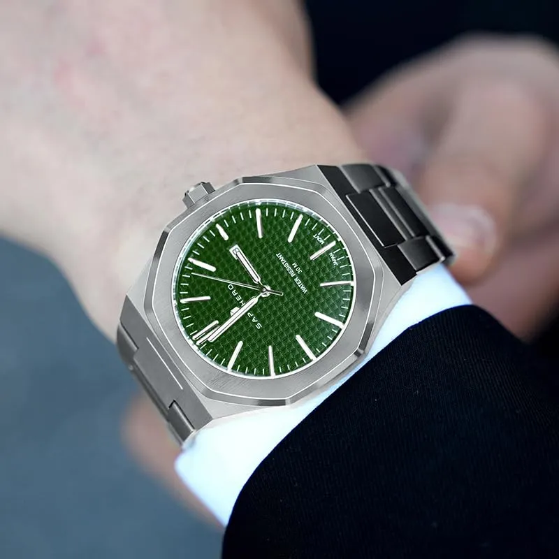 SAPPHERO SO-2110P Orologio da uomo in acciaio inossidabile, Movimento al quarzo giapponese, Argento/Verde - immagine 3