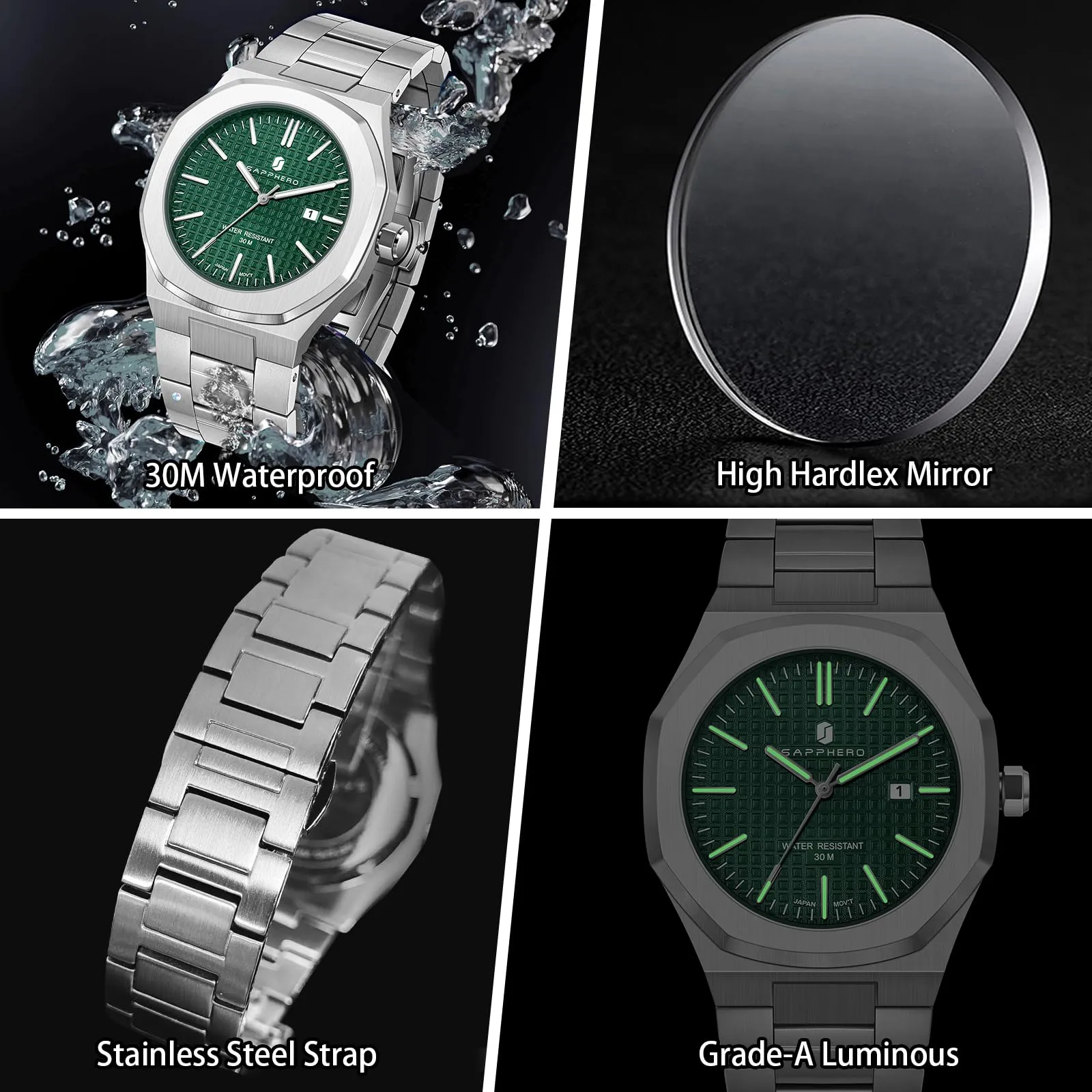 SAPPHERO SO-2110P Orologio da uomo in acciaio inossidabile, Movimento al quarzo giapponese, Argento/Verde - immagine 4