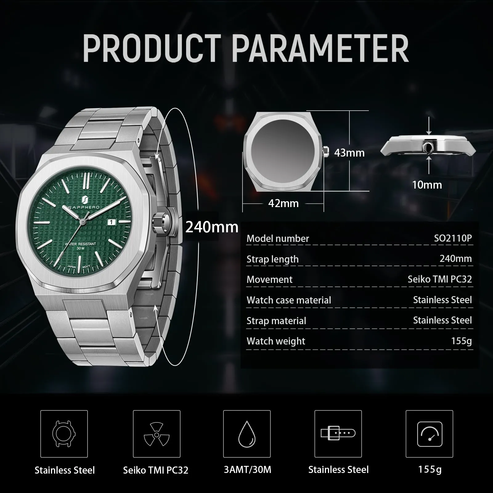 SAPPHERO SO-2110P Orologio da uomo in acciaio inossidabile, Movimento al quarzo giapponese, Argento/Verde - immagine 5