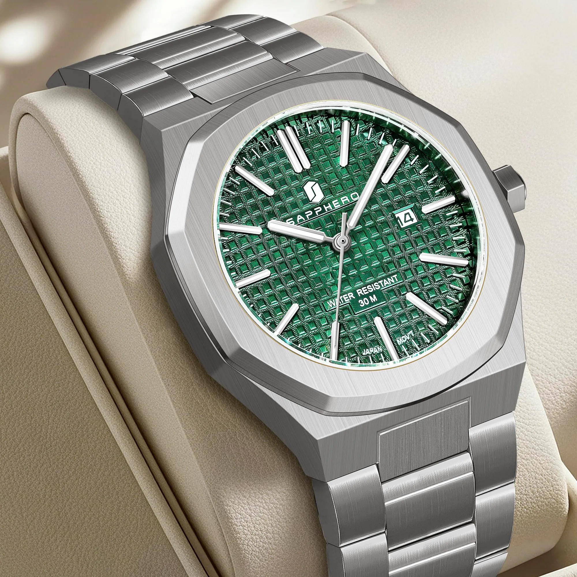 SAPPHERO SO-2110P Orologio da uomo in acciaio inossidabile, Movimento al quarzo giapponese, Argento/Verde - immagine 6