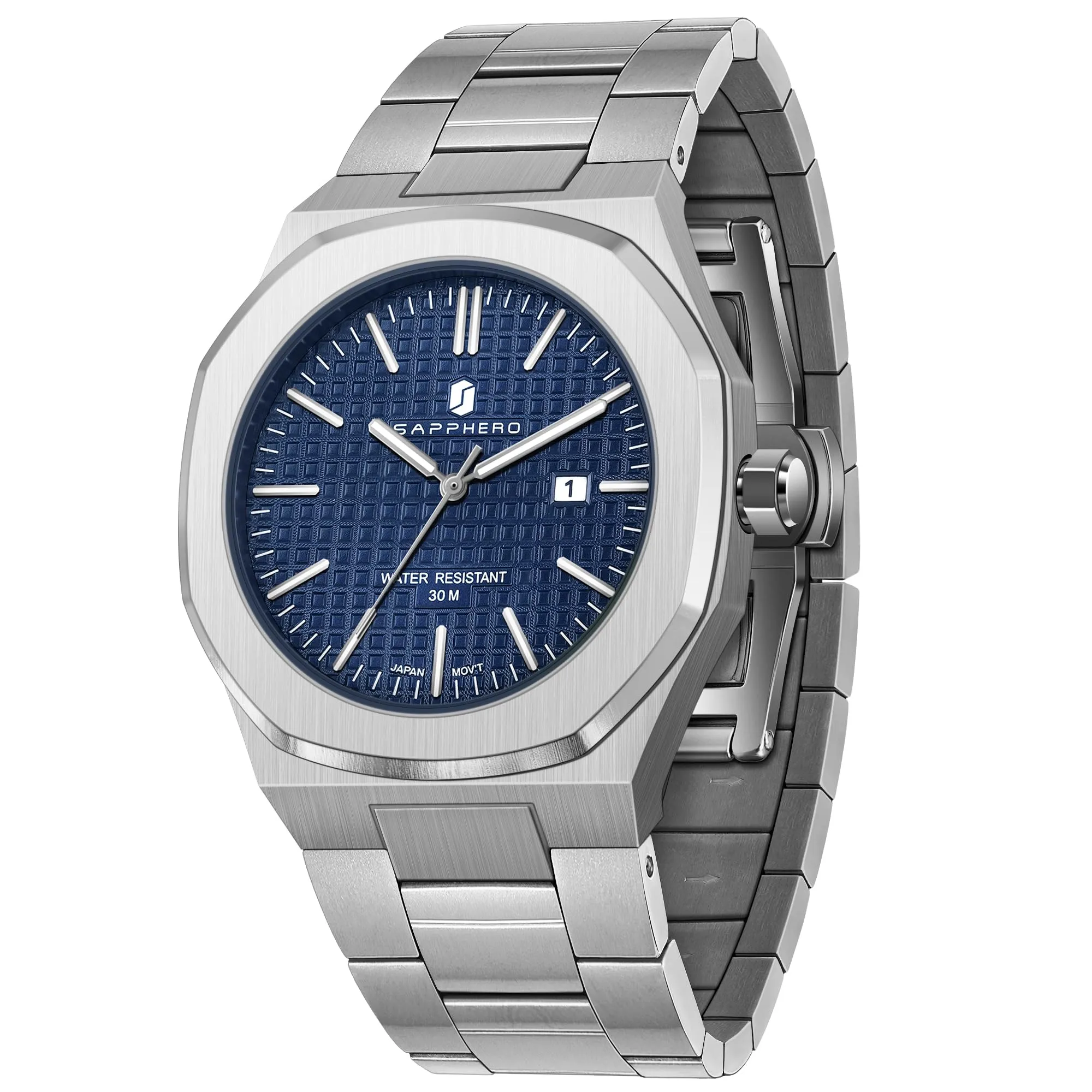 SAPPHERO Orologio da uomo in acciaio inossidabile, Movimento al quarzo giapponese, Impermeabile 30m, Argento/Blu/Blu - immagine 1