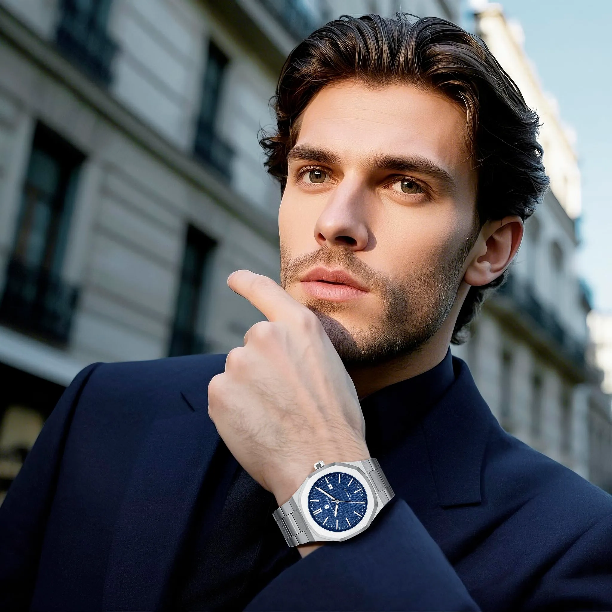SAPPHERO Orologio da uomo in acciaio inossidabile, Movimento al quarzo giapponese, Impermeabile 30m, Argento/Blu/Blu - immagine 2