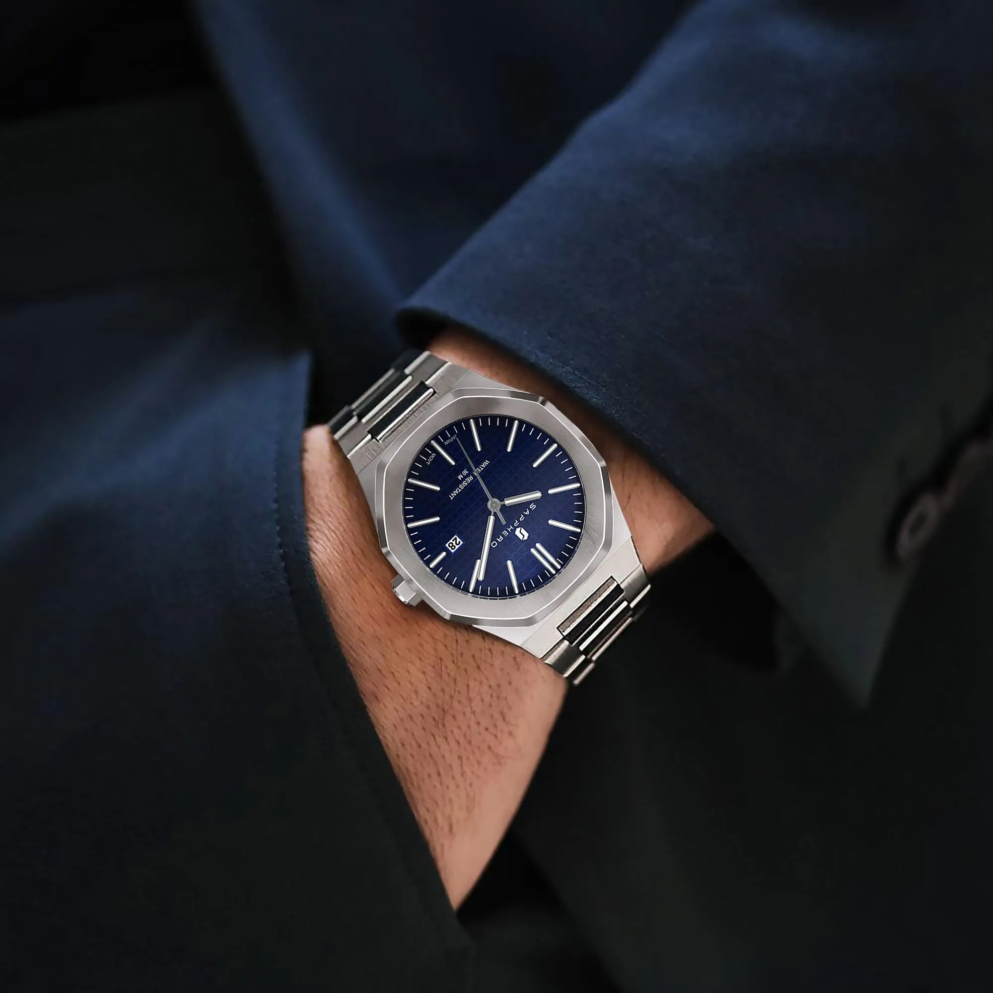 SAPPHERO Orologio da uomo in acciaio inossidabile, Movimento al quarzo giapponese, Impermeabile 30m, Argento/Blu/Blu - immagine 3