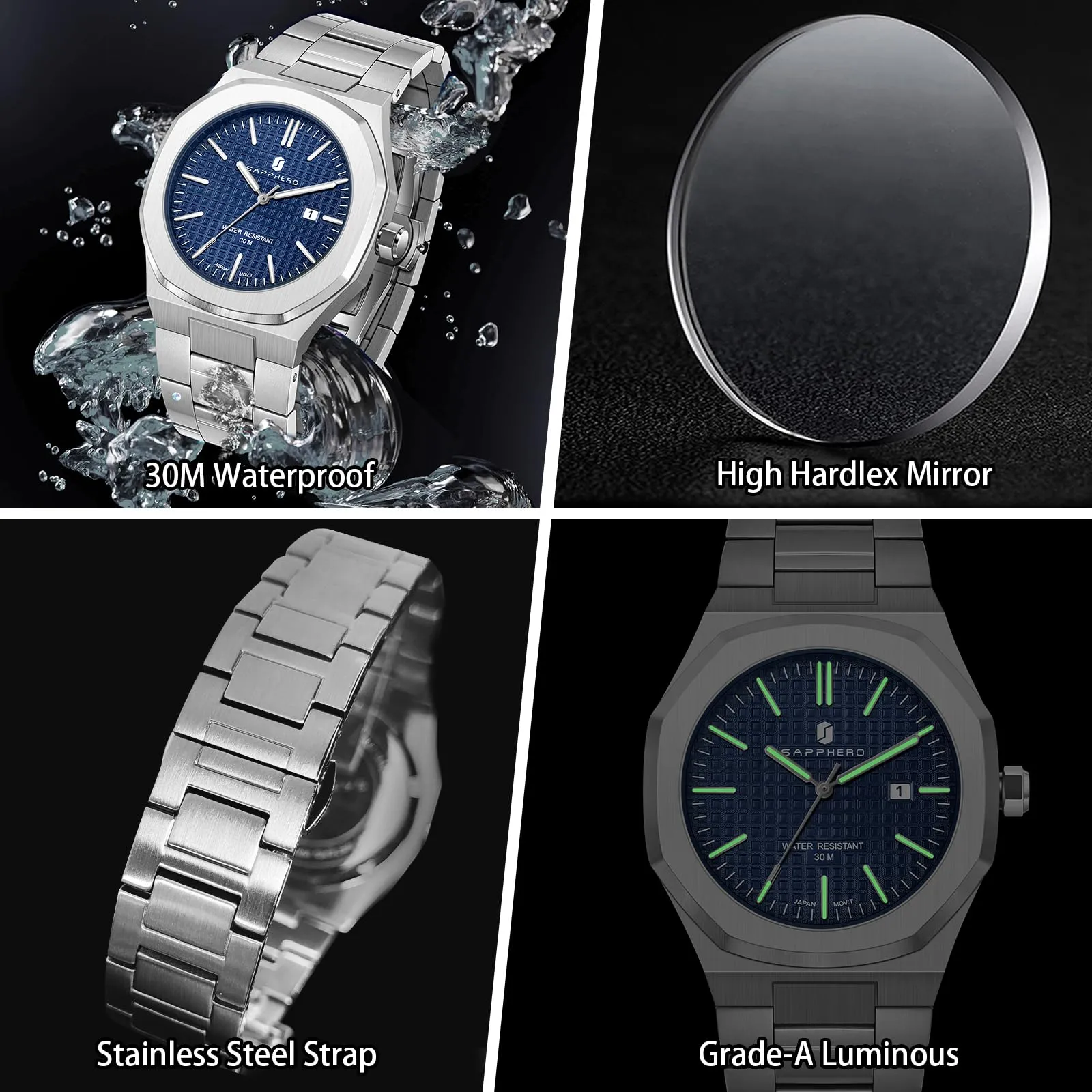 SAPPHERO Orologio da uomo in acciaio inossidabile, Movimento al quarzo giapponese, Impermeabile 30m, Argento/Blu/Blu - immagine 4