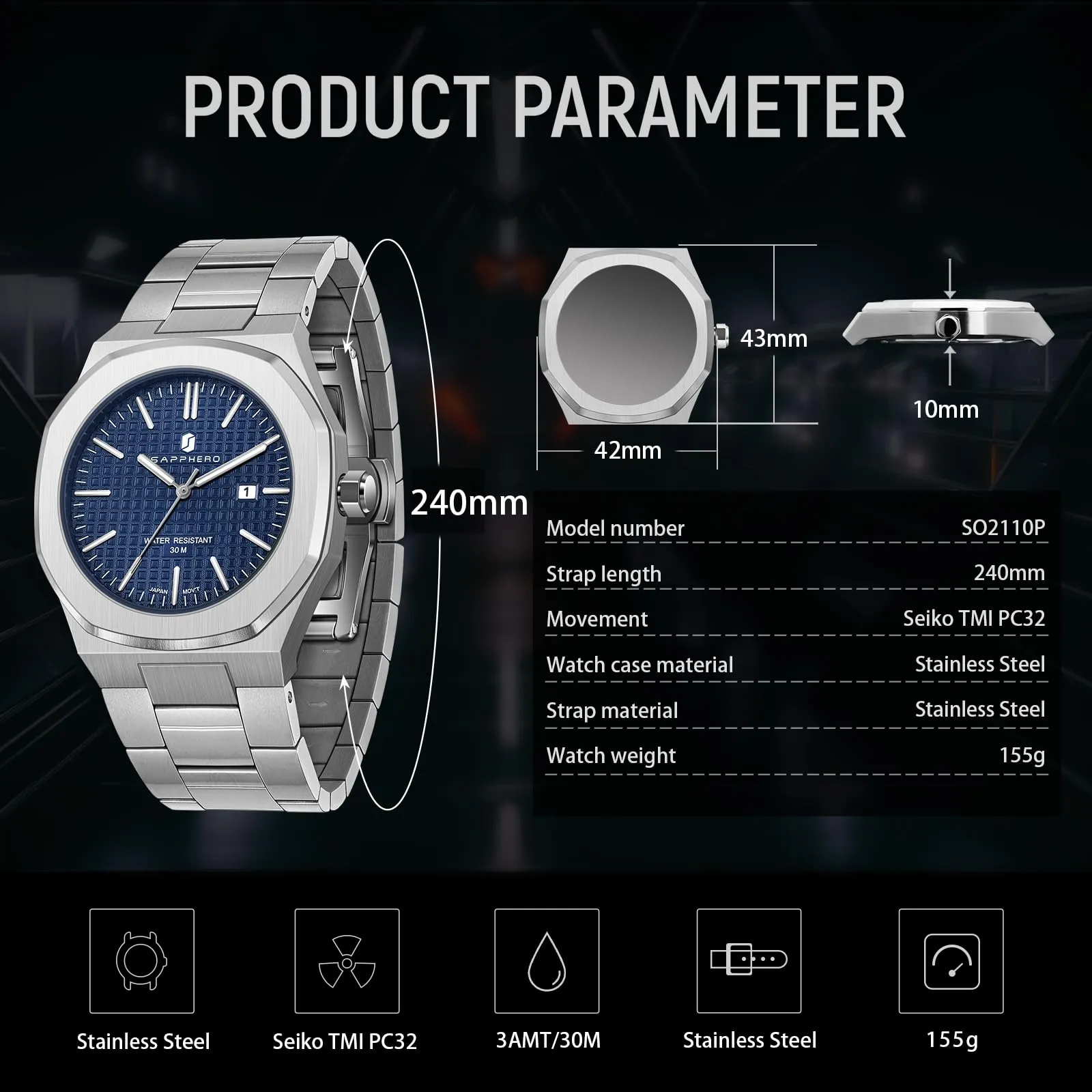 SAPPHERO Orologio da uomo in acciaio inossidabile, Movimento al quarzo giapponese, Impermeabile 30m, Argento/Blu/Blu - immagine 5