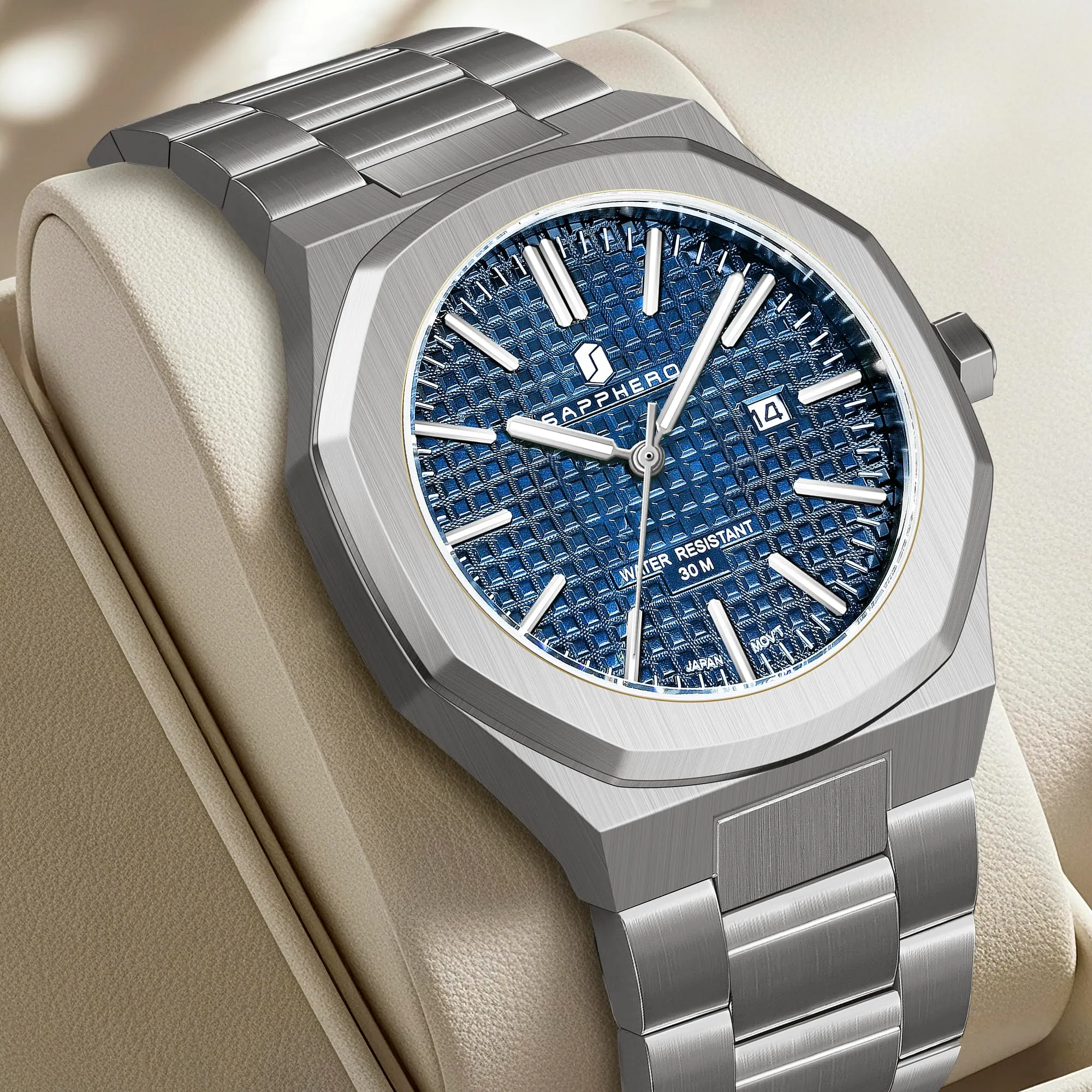 SAPPHERO Orologio da uomo in acciaio inossidabile, Movimento al quarzo giapponese, Impermeabile 30m, Argento/Blu/Blu - immagine 6