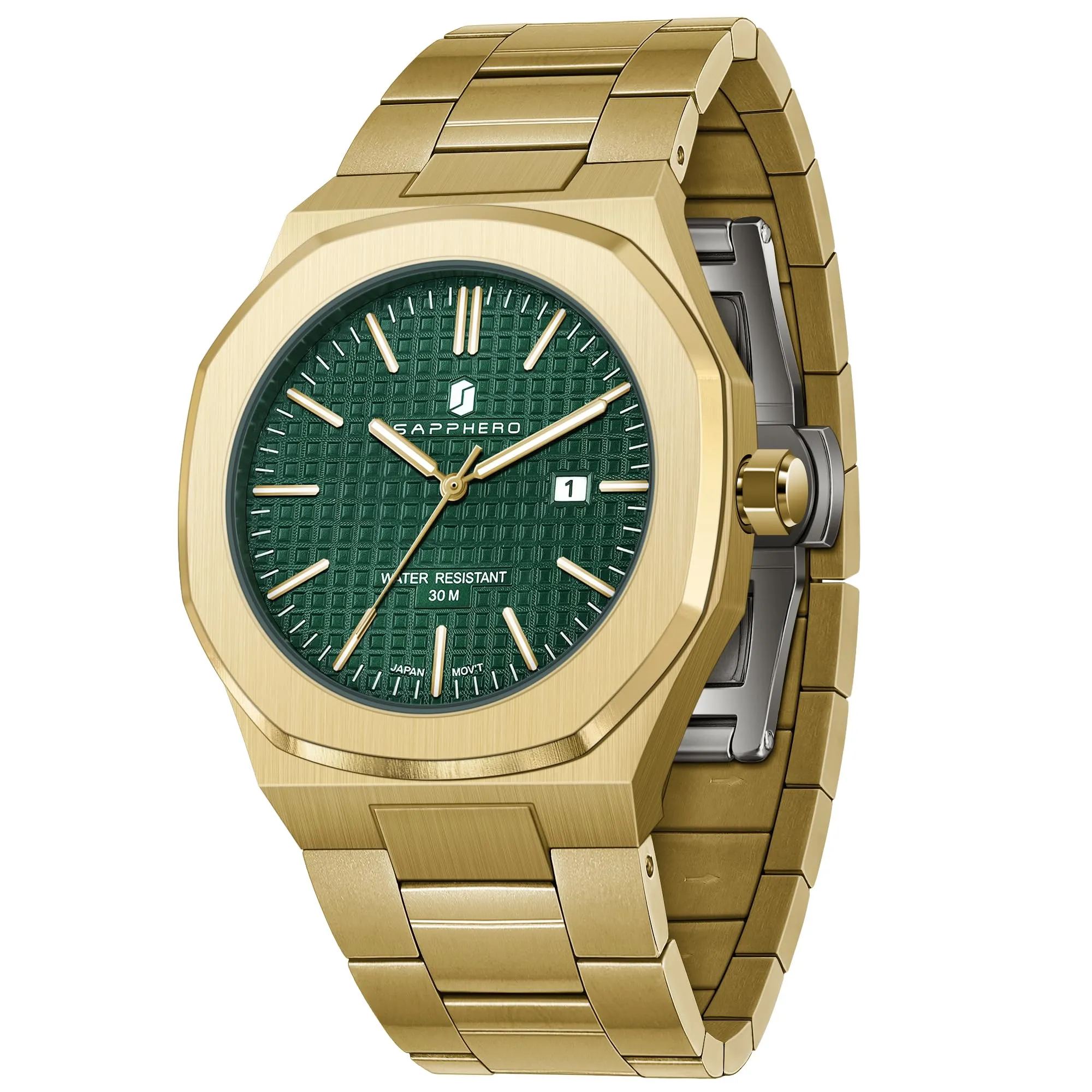 SAPPHERO Orologio da uomo in acciaio inossidabile, Movimento al quarzo giapponese, Impermeabile 30m, Oro/Verde, SO-2110P - immagine 1