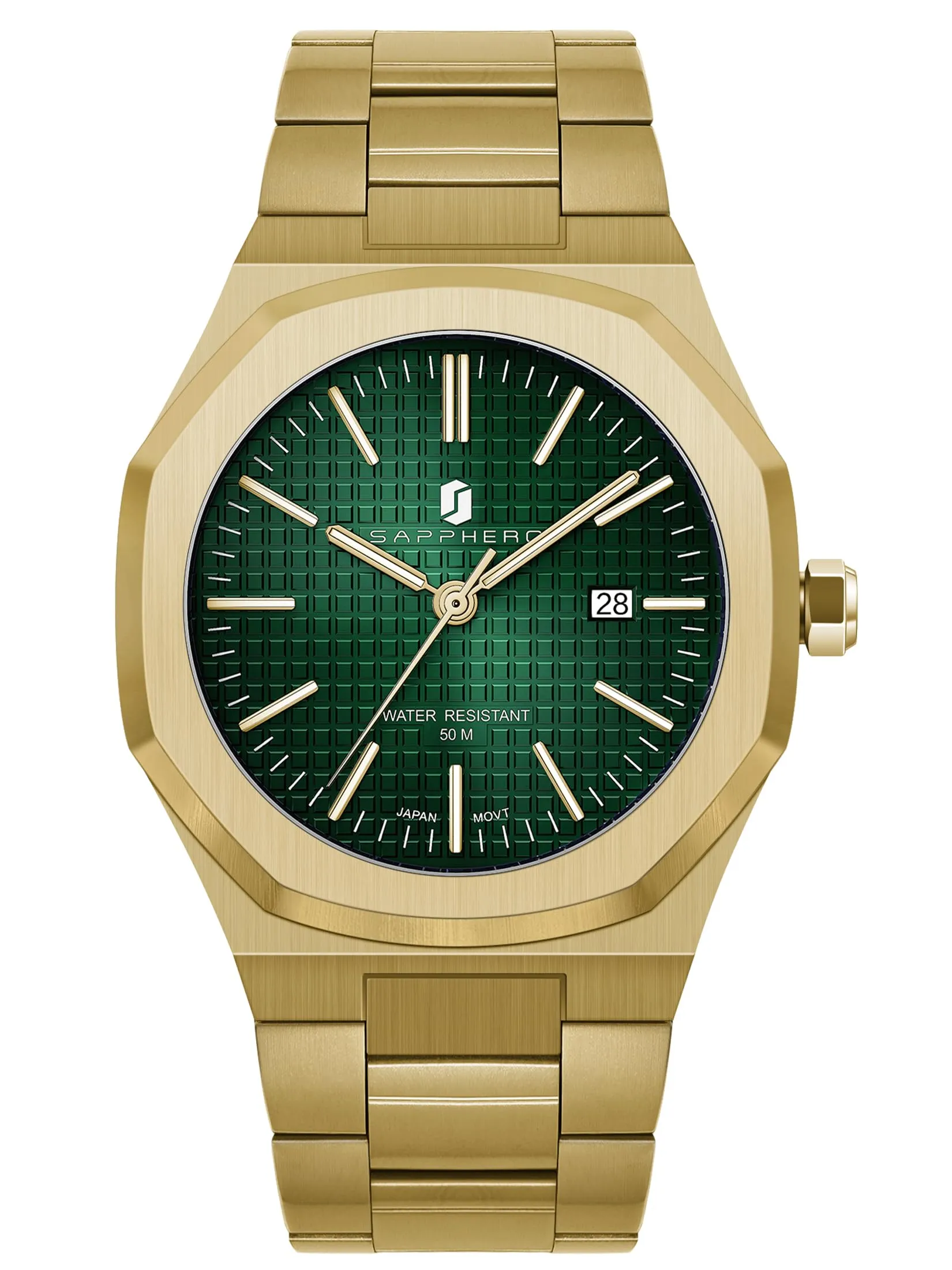 SAPPHERO Orologio da uomo in acciaio inossidabile, Movimento al quarzo giapponese, Impermeabile 30m, Oro/Verde, SO-2110P - immagine 2