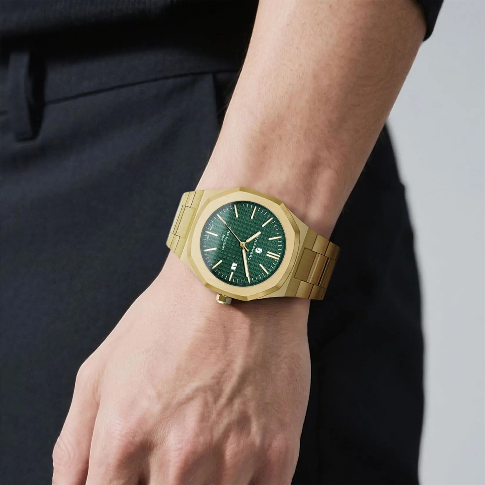 SAPPHERO Orologio da uomo in acciaio inossidabile, Movimento al quarzo giapponese, Impermeabile 30m, Oro/Verde, SO-2110P - immagine 3