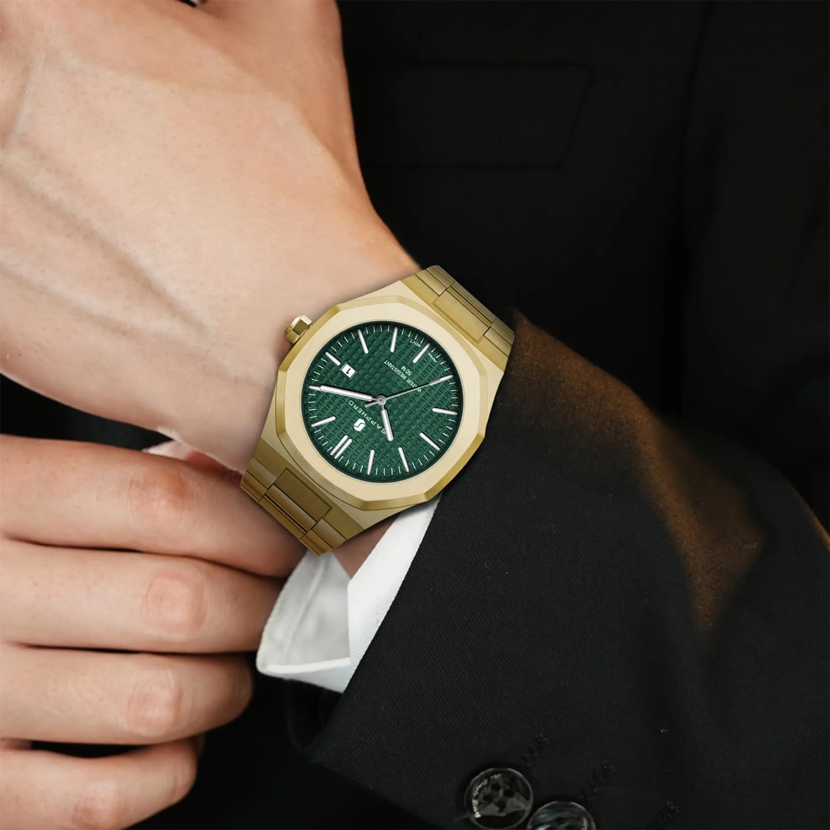 SAPPHERO Orologio da uomo in acciaio inossidabile, Movimento al quarzo giapponese, Impermeabile 30m, Oro/Verde, SO-2110P - immagine 4