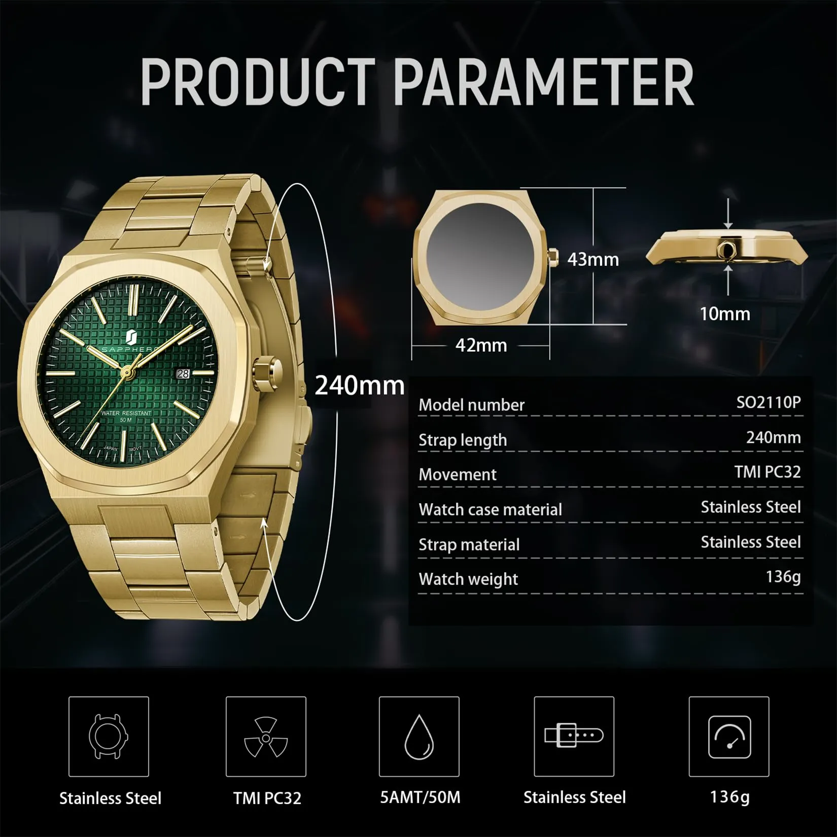 SAPPHERO Orologio da uomo in acciaio inossidabile, Movimento al quarzo giapponese, Impermeabile 30m, Oro/Verde, SO-2110P - immagine 5