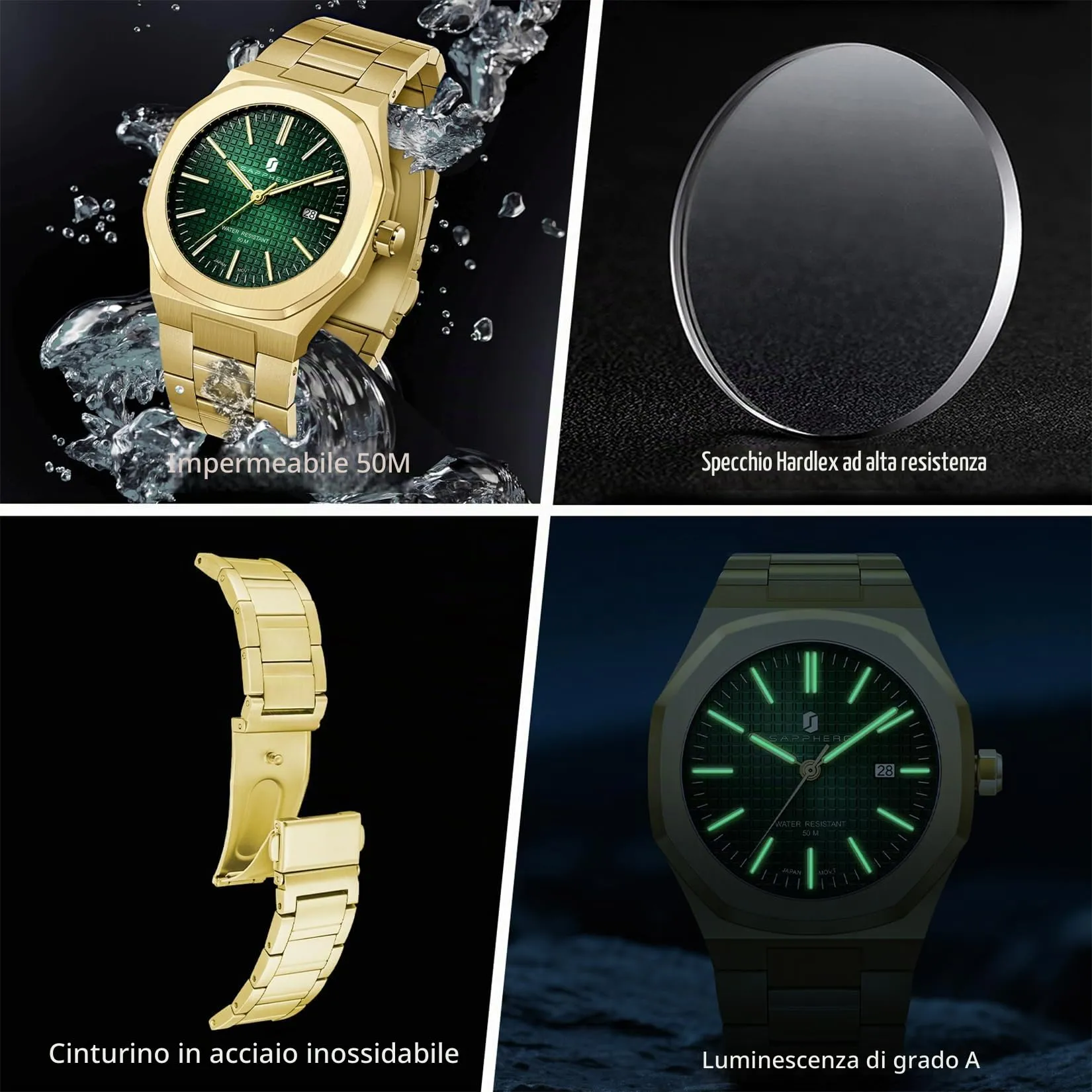 SAPPHERO Orologio da uomo in acciaio inossidabile, Movimento al quarzo giapponese, Impermeabile 30m, Oro/Verde, SO-2110P - immagine 6