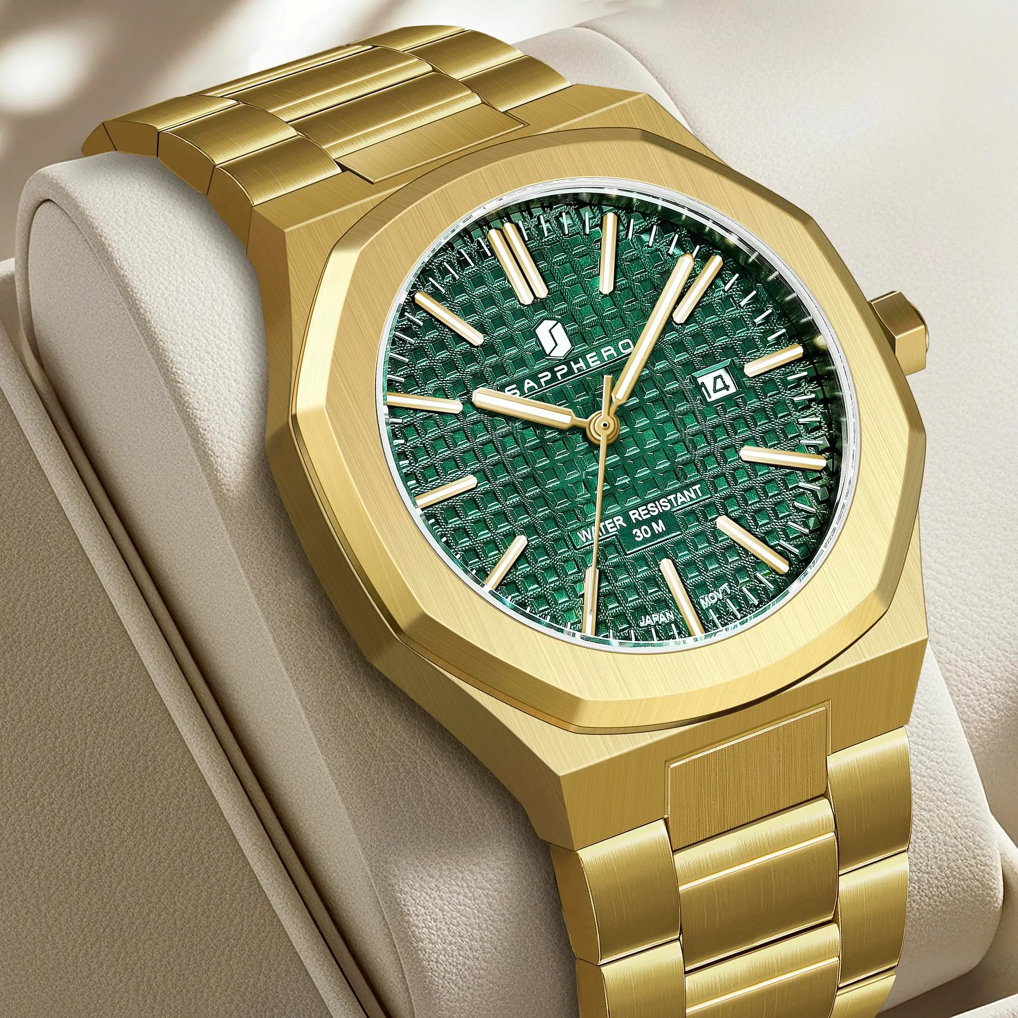 SAPPHERO Orologio da uomo in acciaio inossidabile, Movimento al quarzo giapponese, Impermeabile 30m, Oro/Verde, SO-2110P - immagine 7