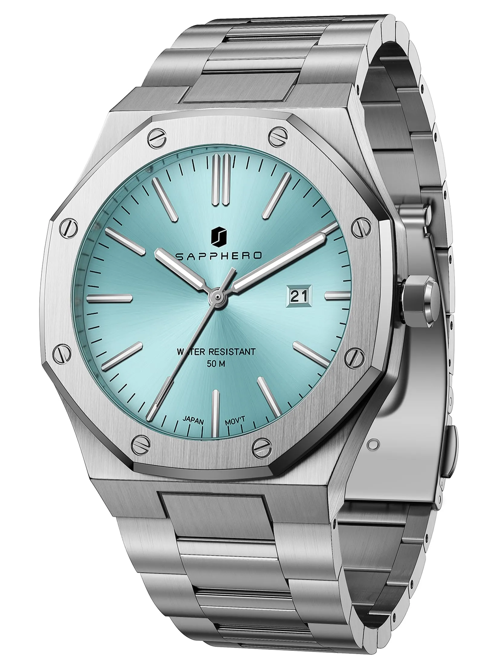 SAPPHERO Orologio da uomo in acciaio inossidabile, Movimento al quarzo, Argento/Azzurro - immagine 1