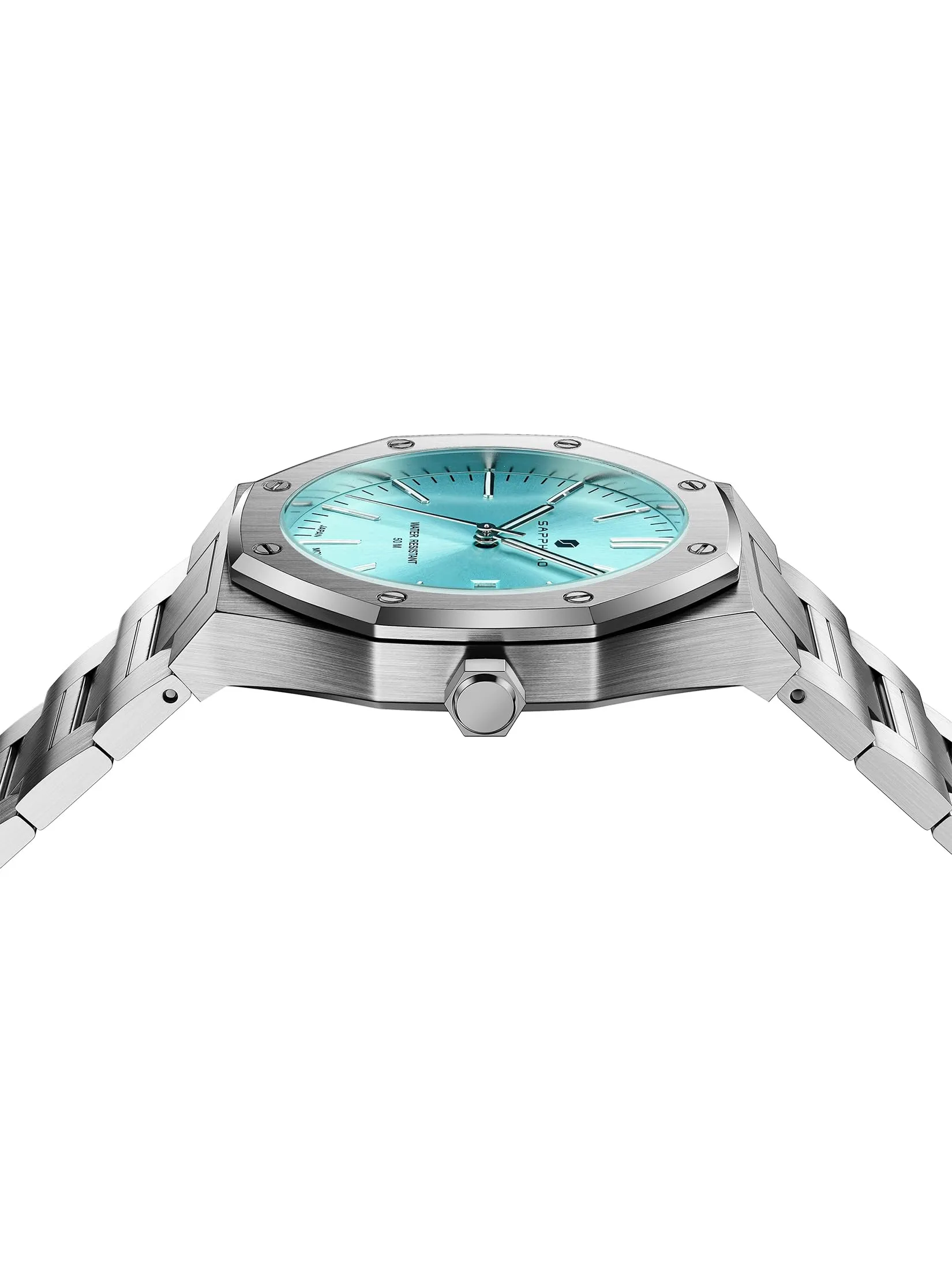 SAPPHERO Orologio da uomo in acciaio inossidabile, Movimento al quarzo, Argento/Azzurro - immagine 2