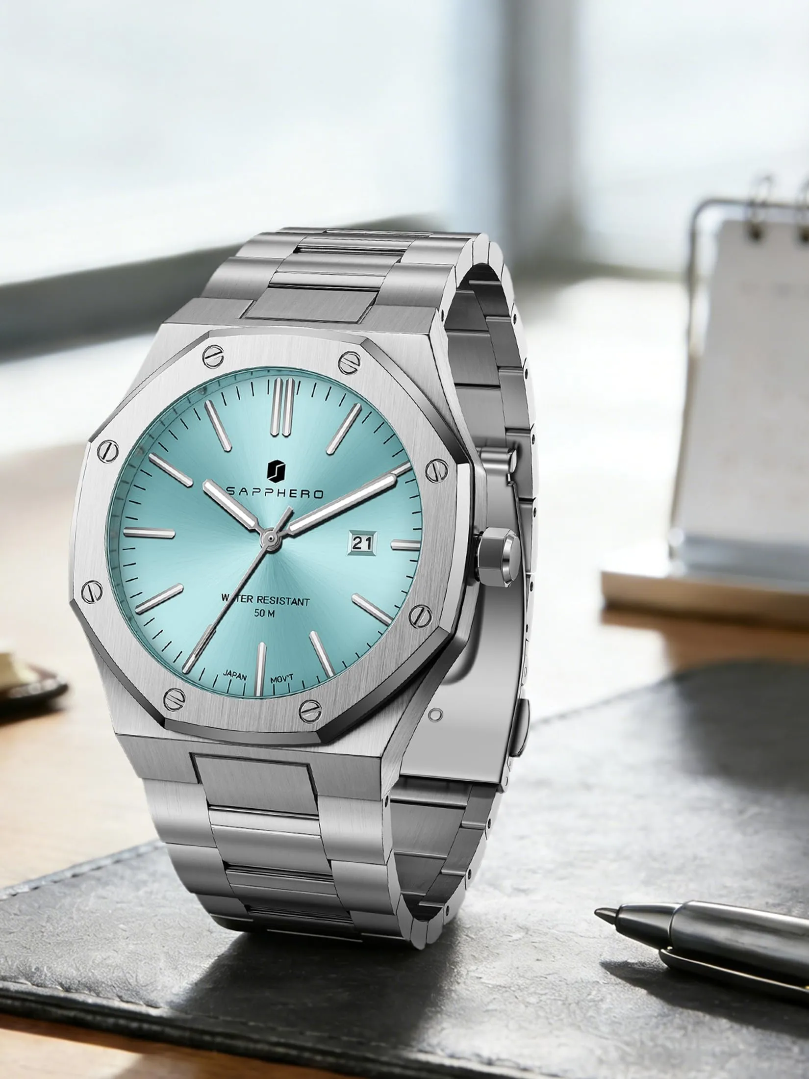 SAPPHERO Orologio da uomo in acciaio inossidabile, Movimento al quarzo, Argento/Azzurro - immagine 3