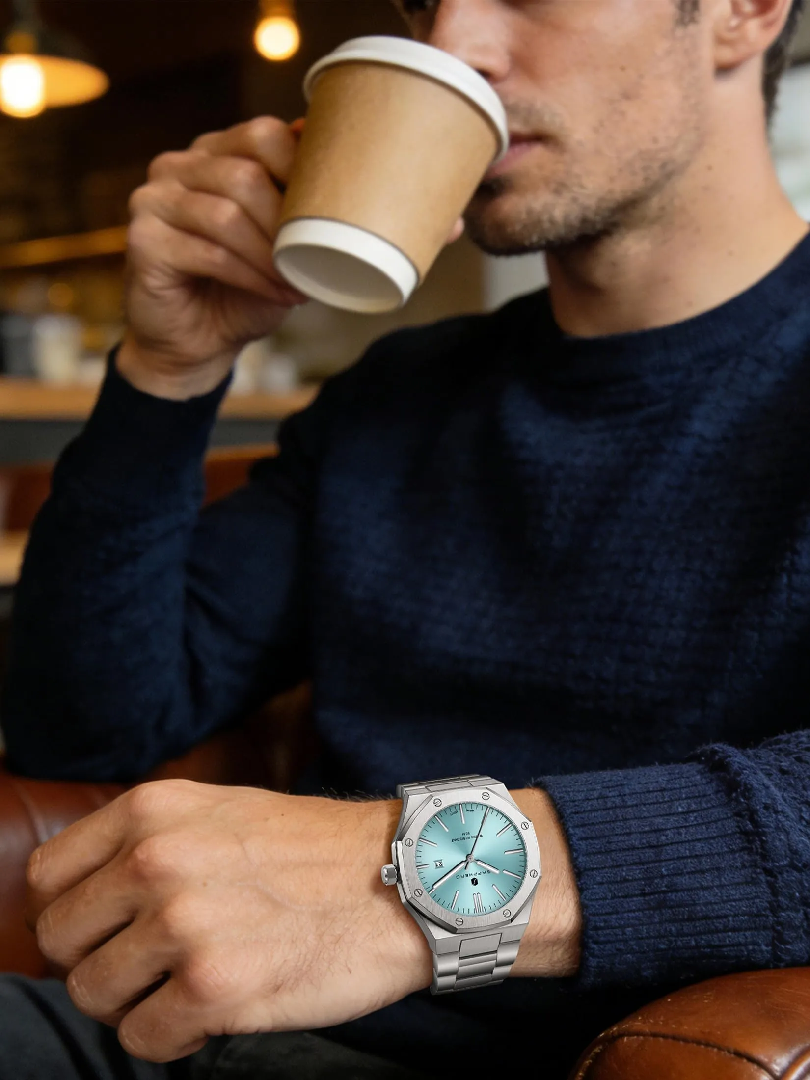SAPPHERO Orologio da uomo in acciaio inossidabile, Movimento al quarzo, Argento/Azzurro - immagine 4