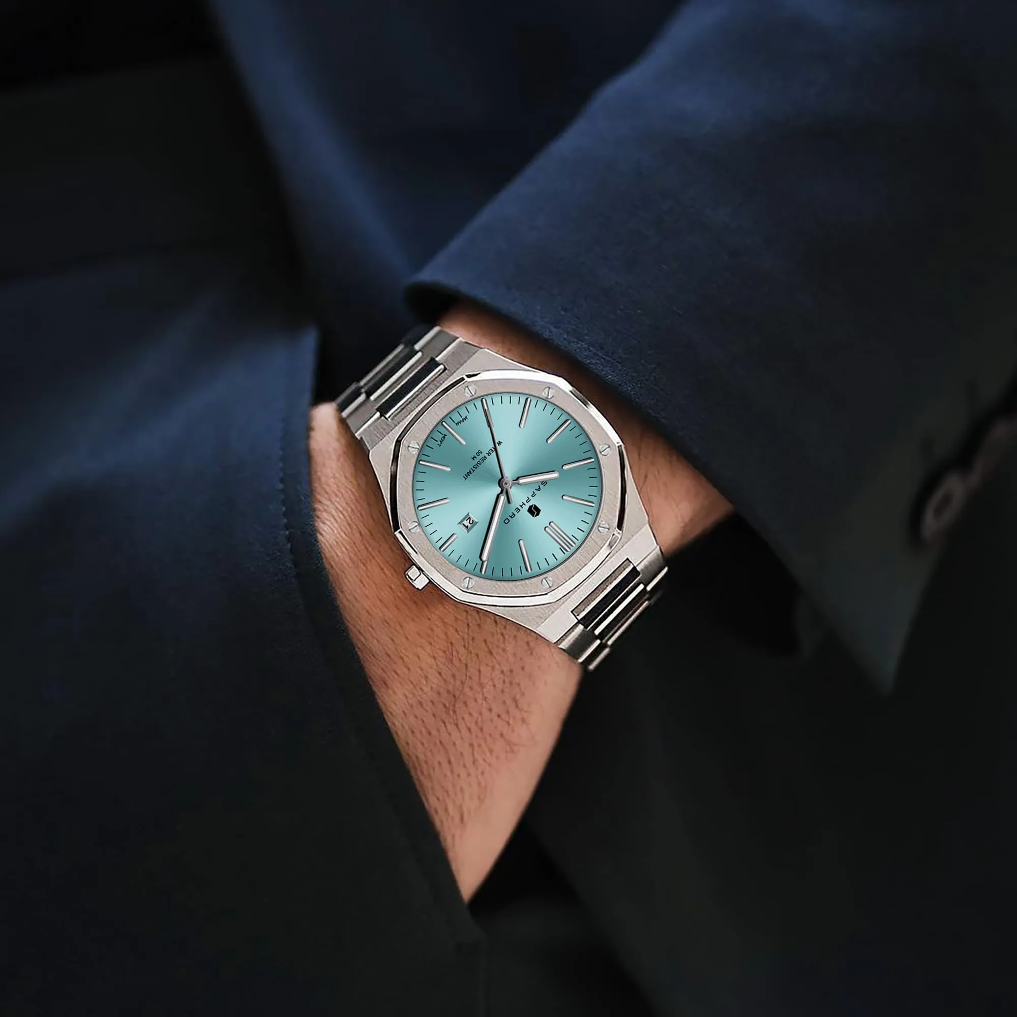 SAPPHERO Orologio da uomo in acciaio inossidabile, Movimento al quarzo, Argento/Azzurro - immagine 5