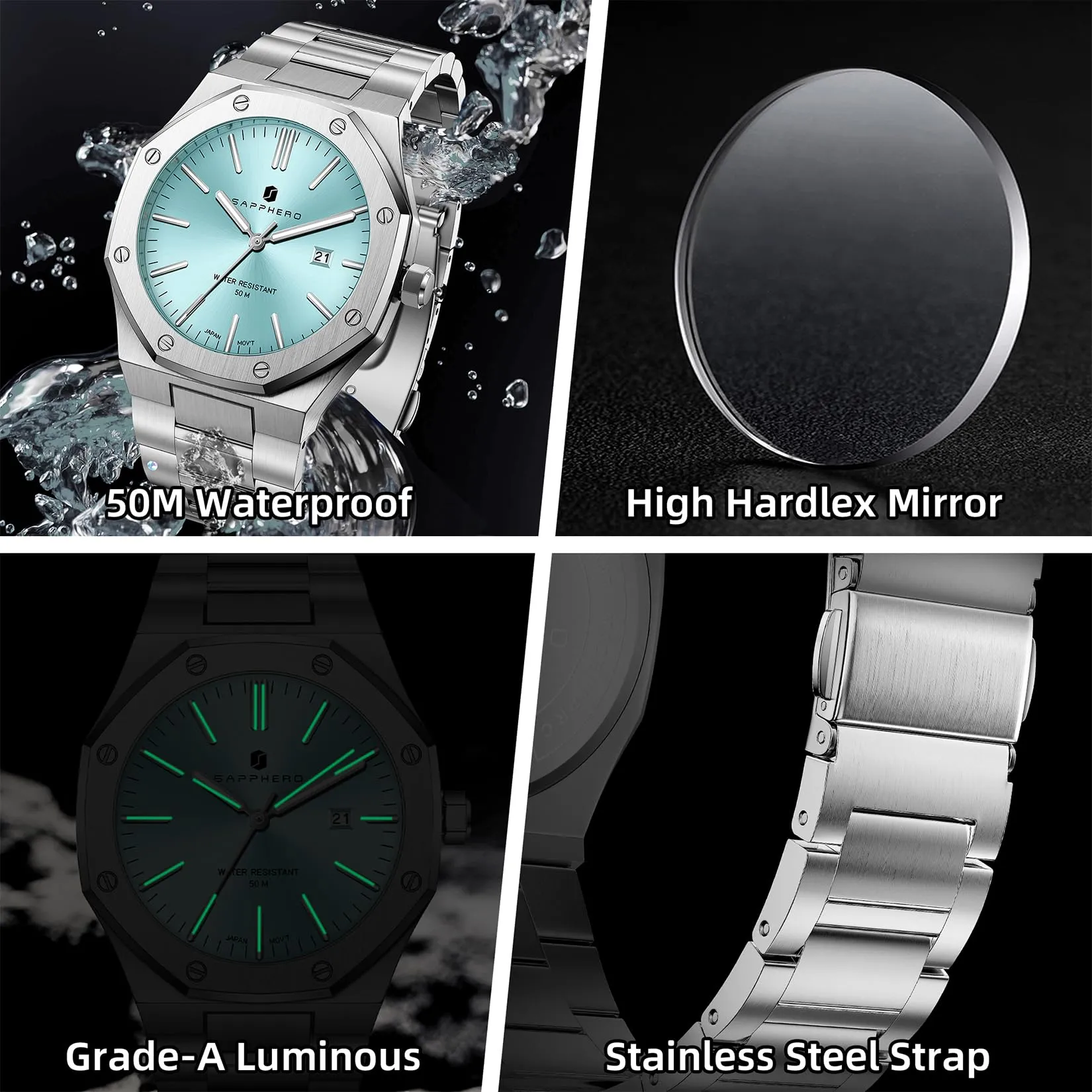 SAPPHERO Orologio da uomo in acciaio inossidabile, Movimento al quarzo, Argento/Azzurro - immagine 6