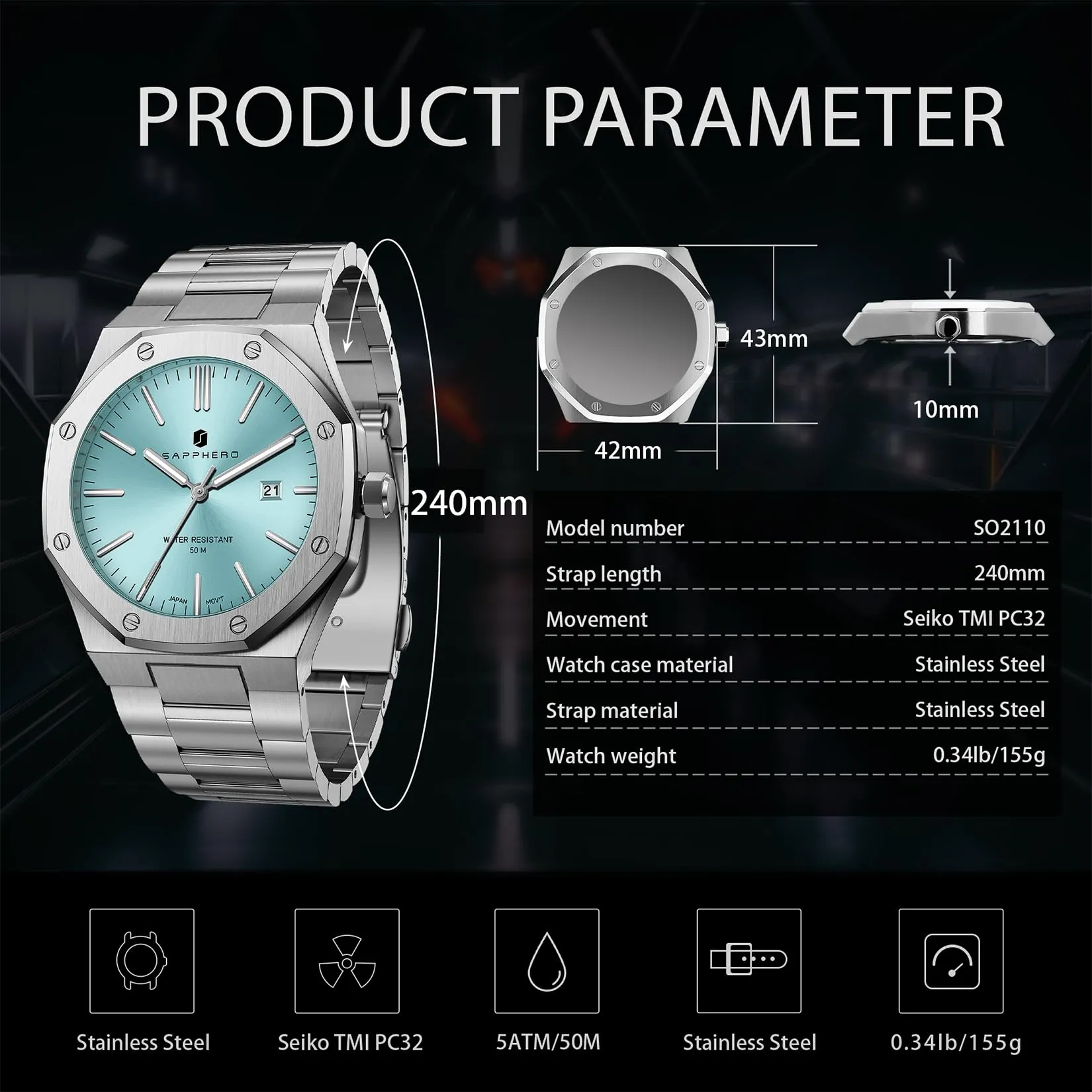 SAPPHERO Orologio da uomo in acciaio inossidabile, Movimento al quarzo, Argento/Azzurro - immagine 7