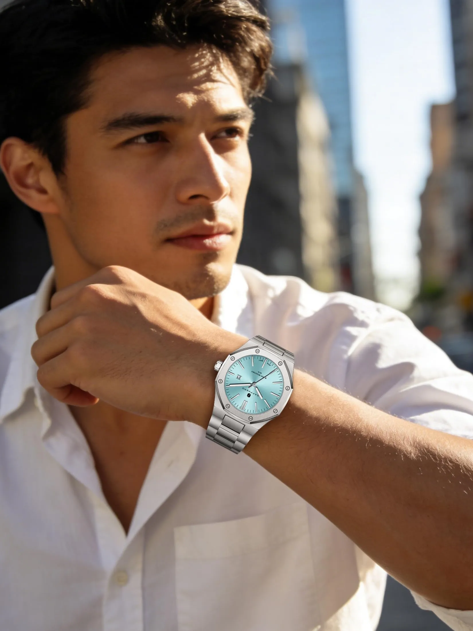 SAPPHERO Orologio da uomo in acciaio inossidabile, Movimento al quarzo, Argento/Azzurro - immagine 8